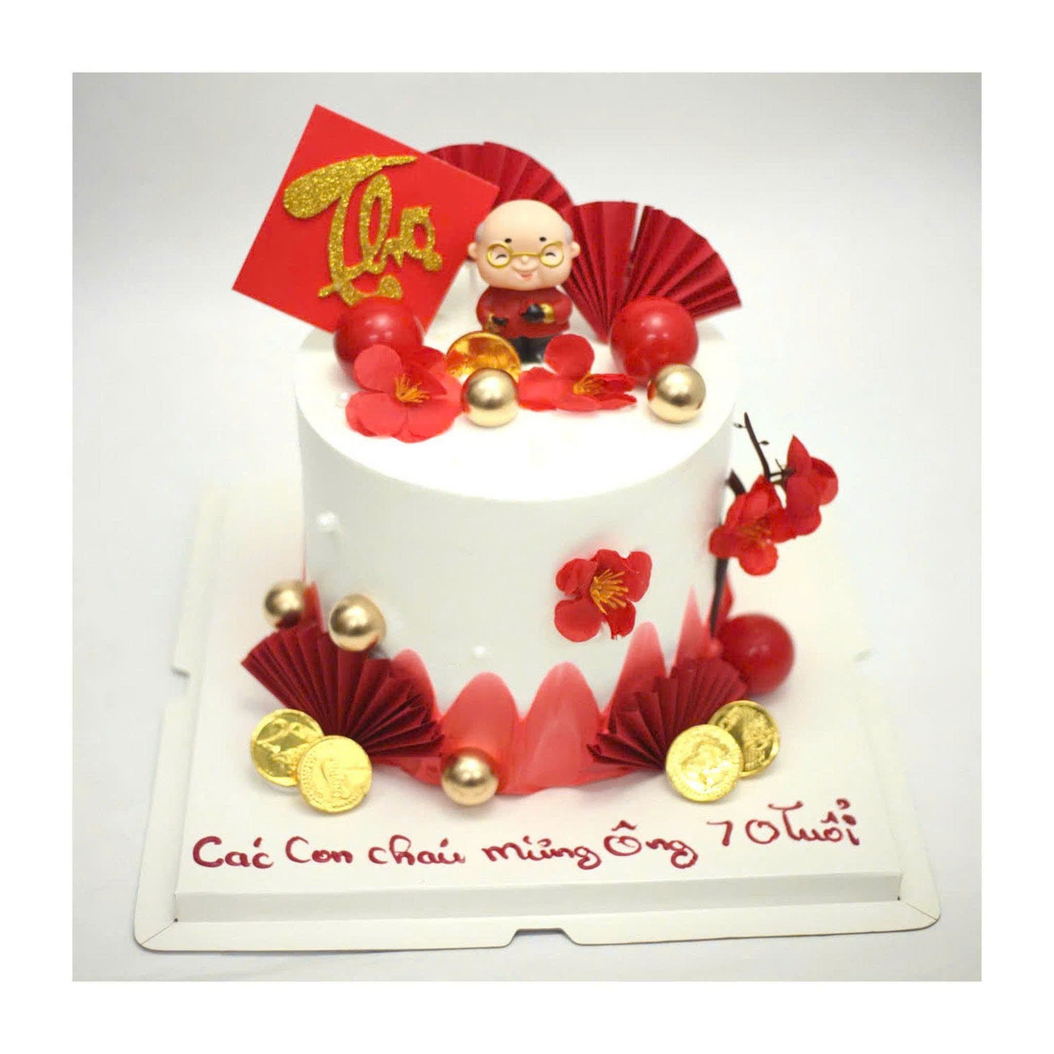 Bánh mừng thọ Ông trang trí hoa đào đỏ
