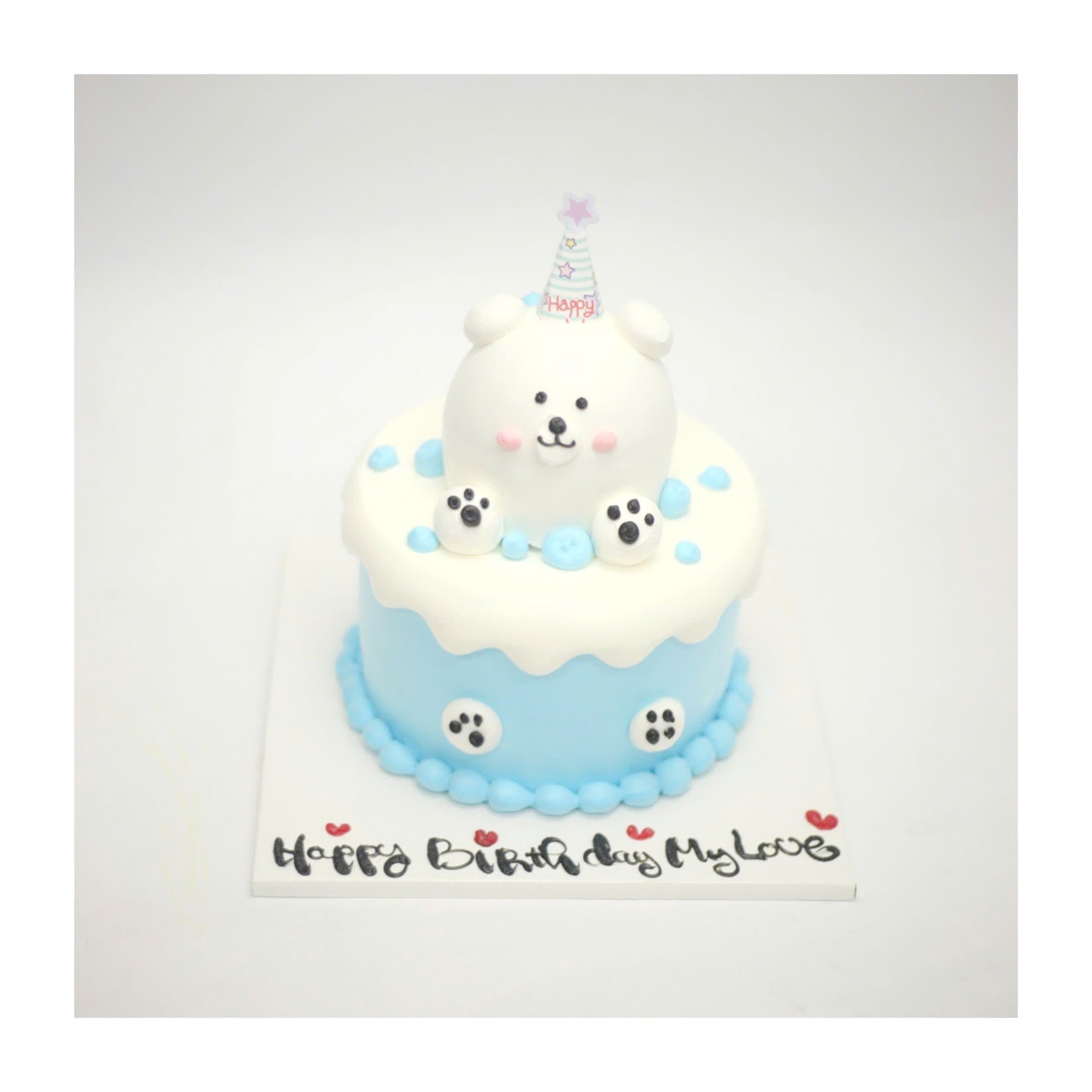 Bánh kem xanh dương trang trí gấu trắng