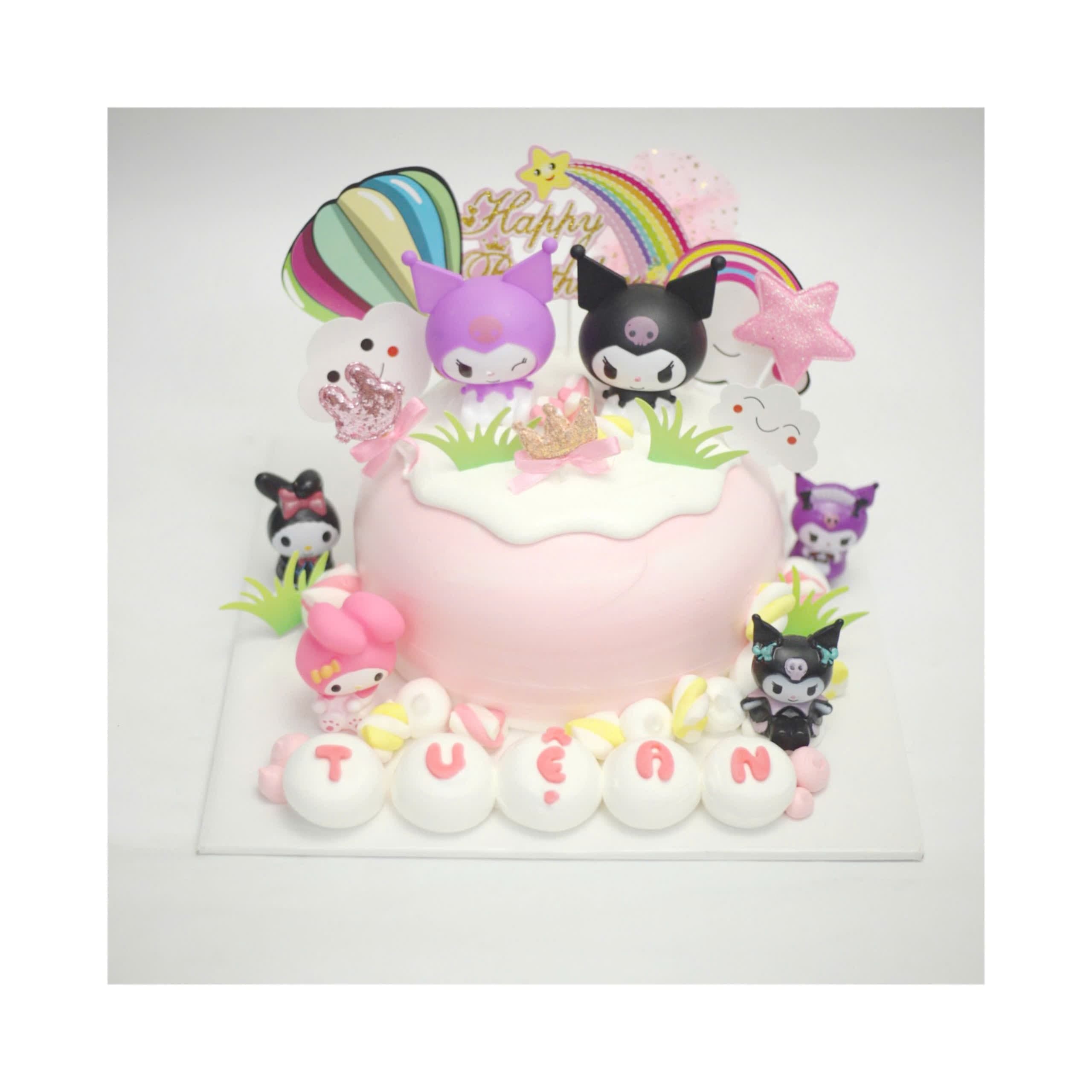 Bánh kem hồng trang trí Kuromi và cầu vồng