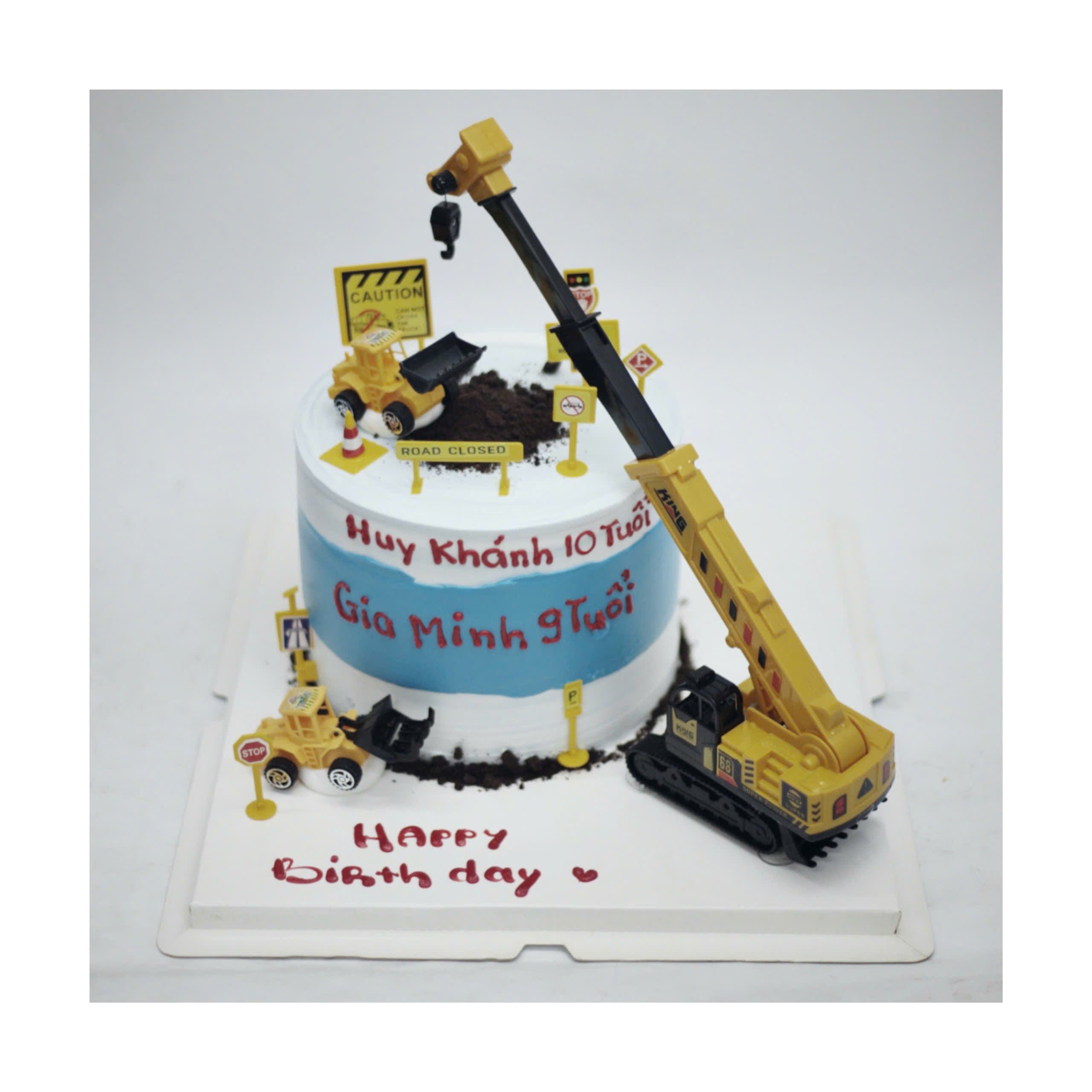 Bánh sinh nhật công trường cần cẩu máy xúc cho bé