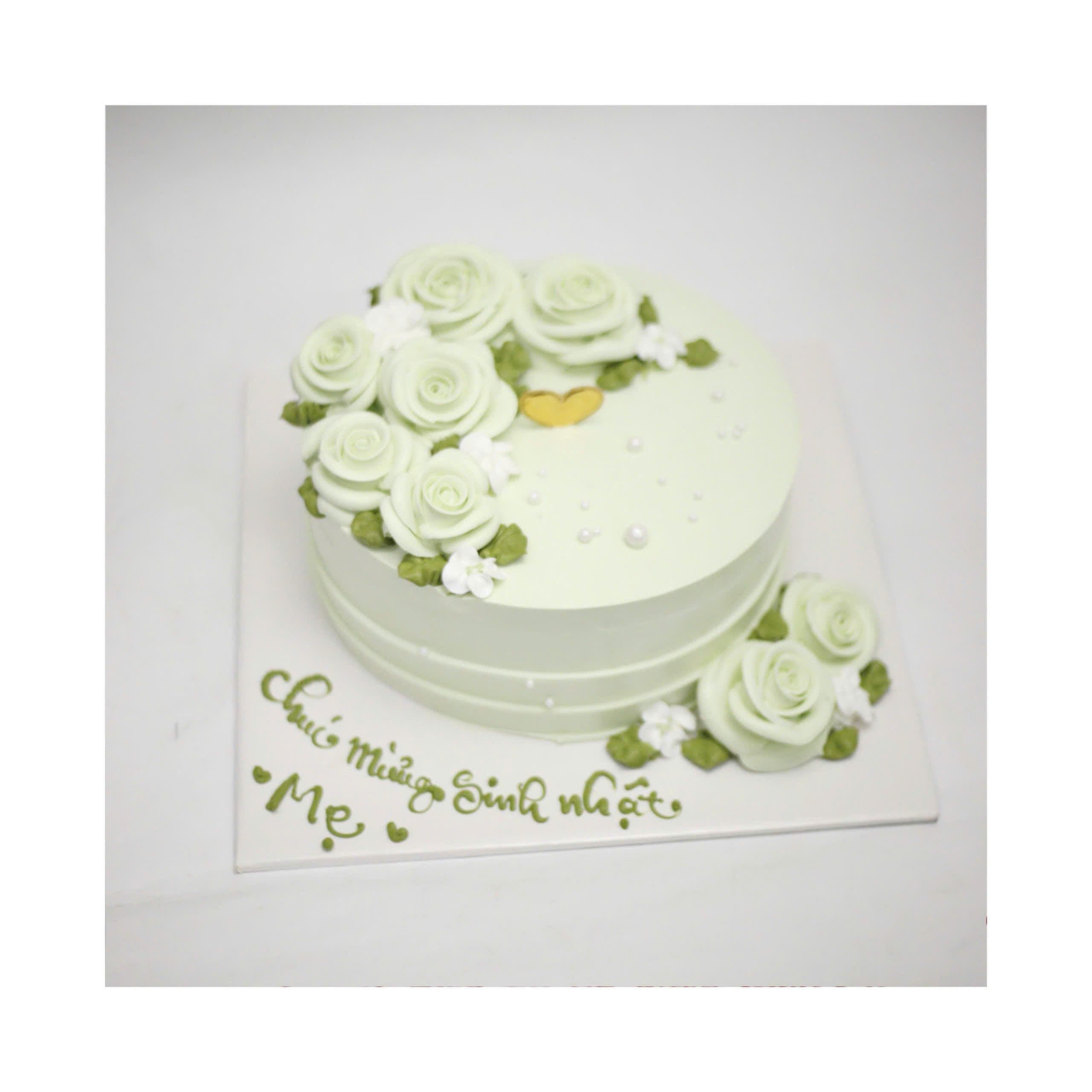 Bánh kem trang trí hoa hồng xanh pastel