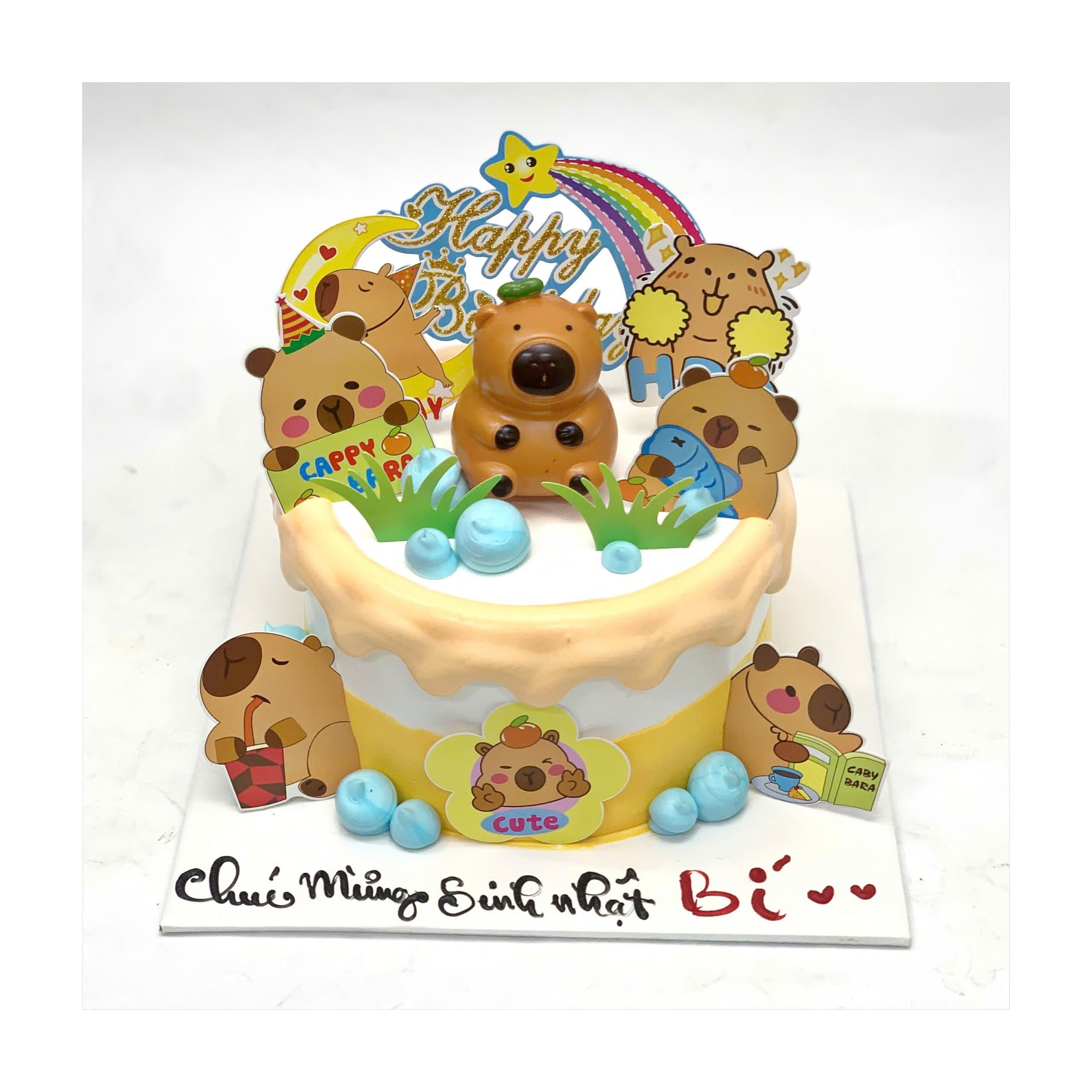Bánh kem tạo hình Capybara và cầu vồng