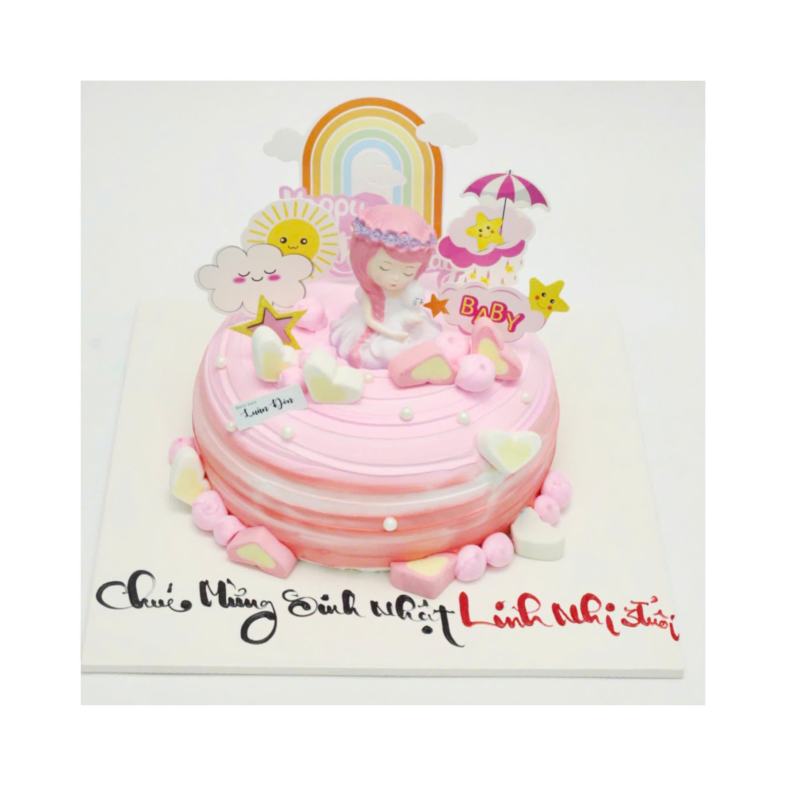 Bánh kem bé gái chủ đề cầu vồng xinh xắn