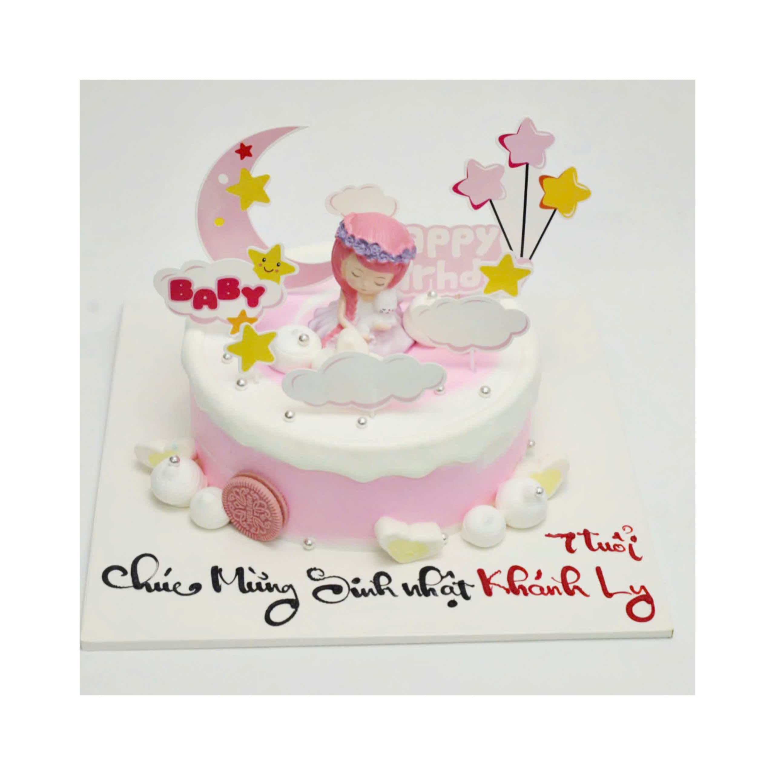 Bánh kem bé gái hồng chủ đề trăng sao