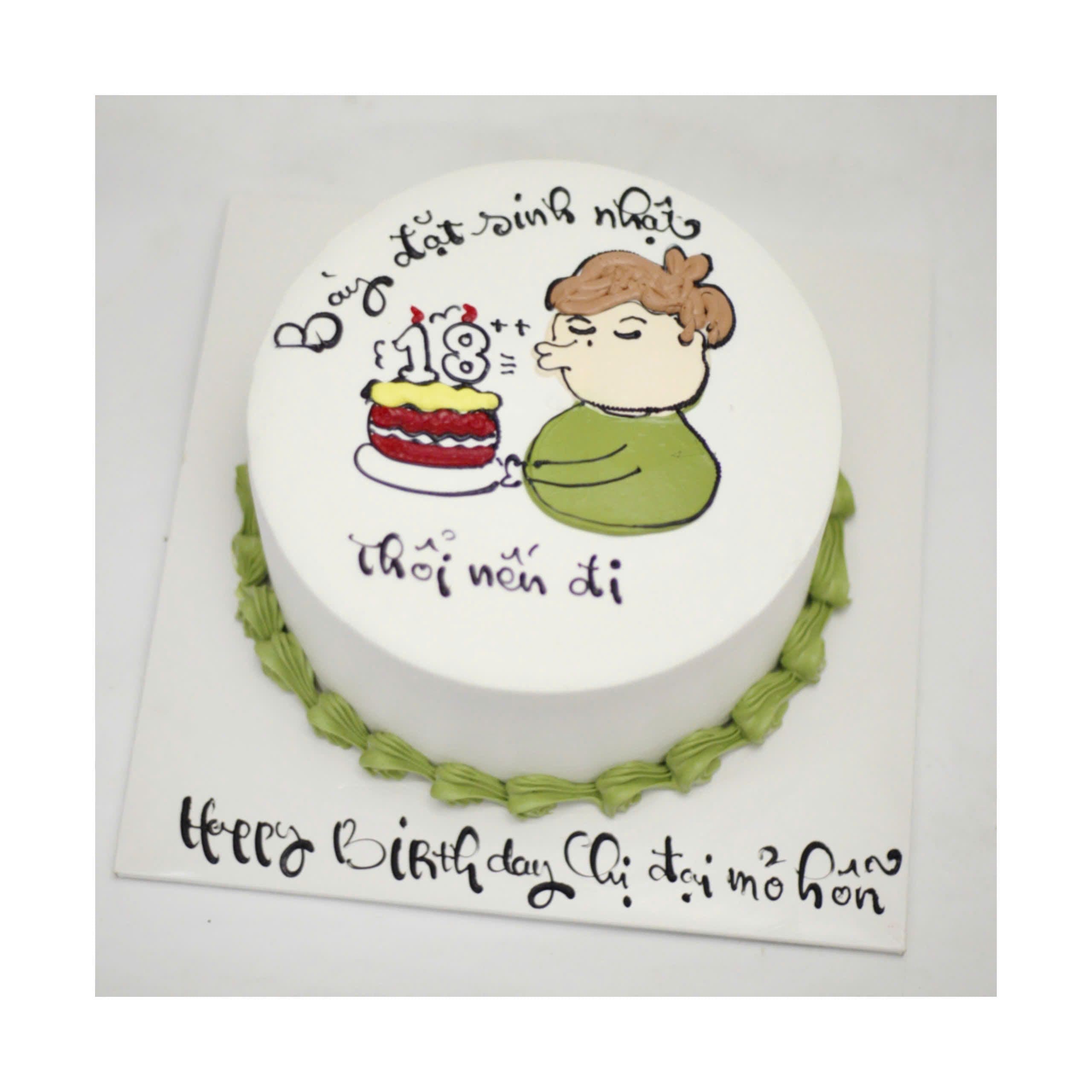 Bánh kem vẽ hình cô gái thổi nến