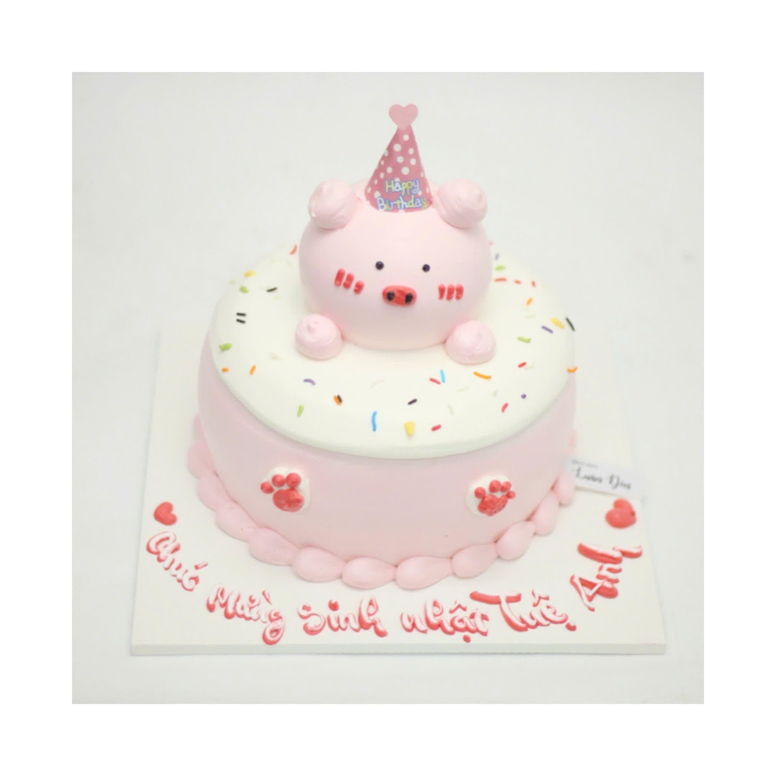 Bánh kem chú heo hồng đội nón