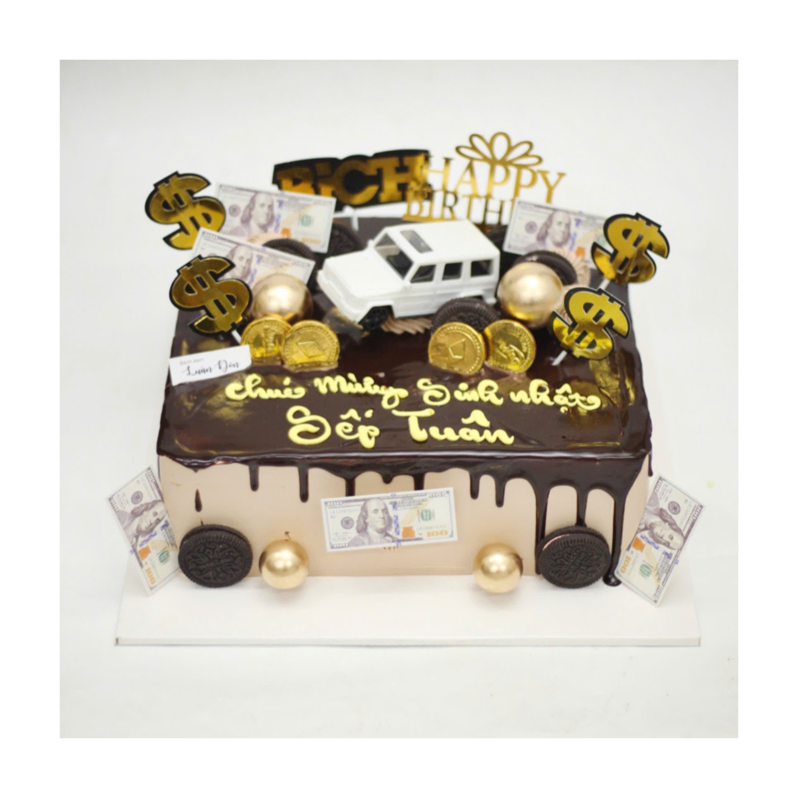 Bánh kem socola xe hơi trắng và đô la