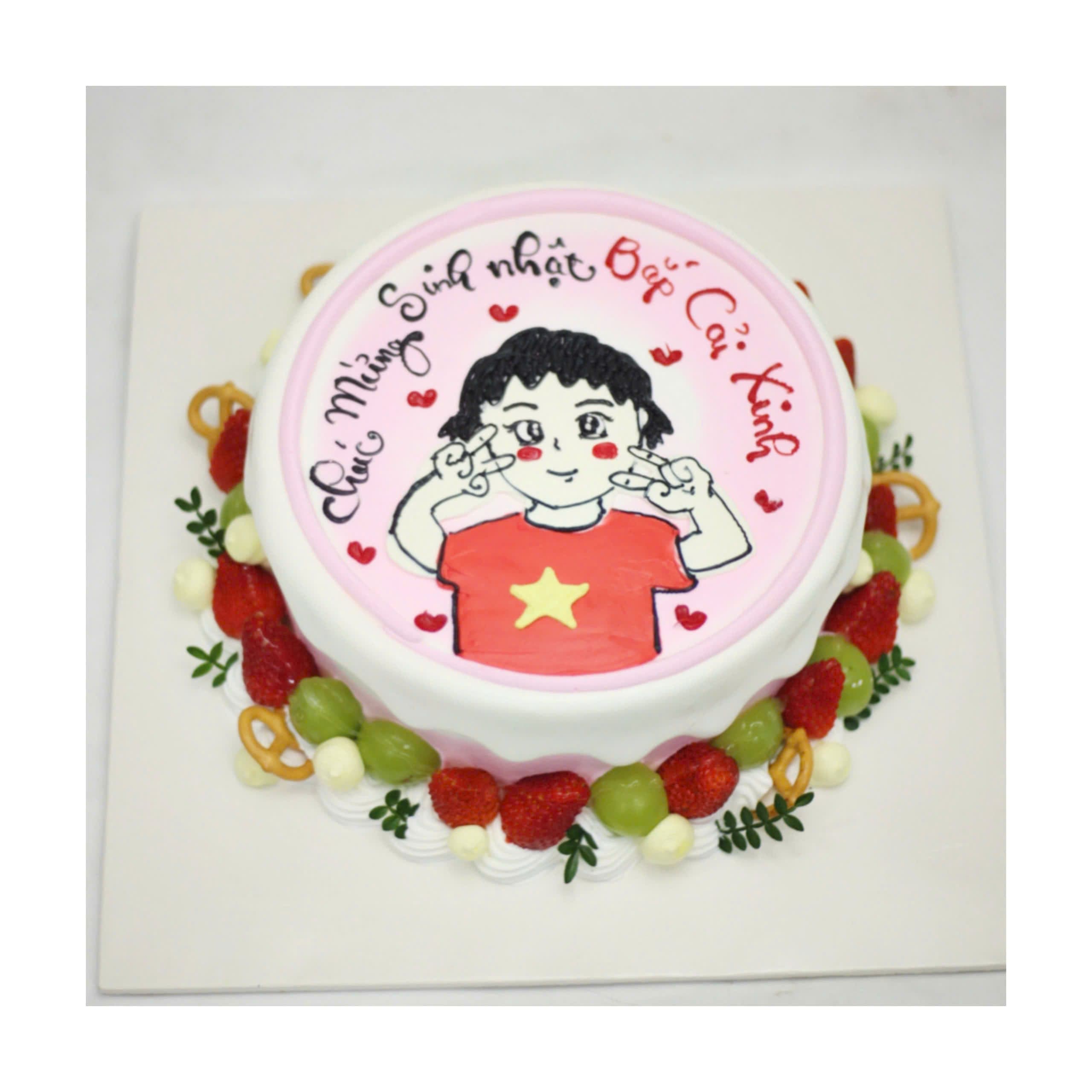 Bánh kem vẽ hình bé gái và hoa quả