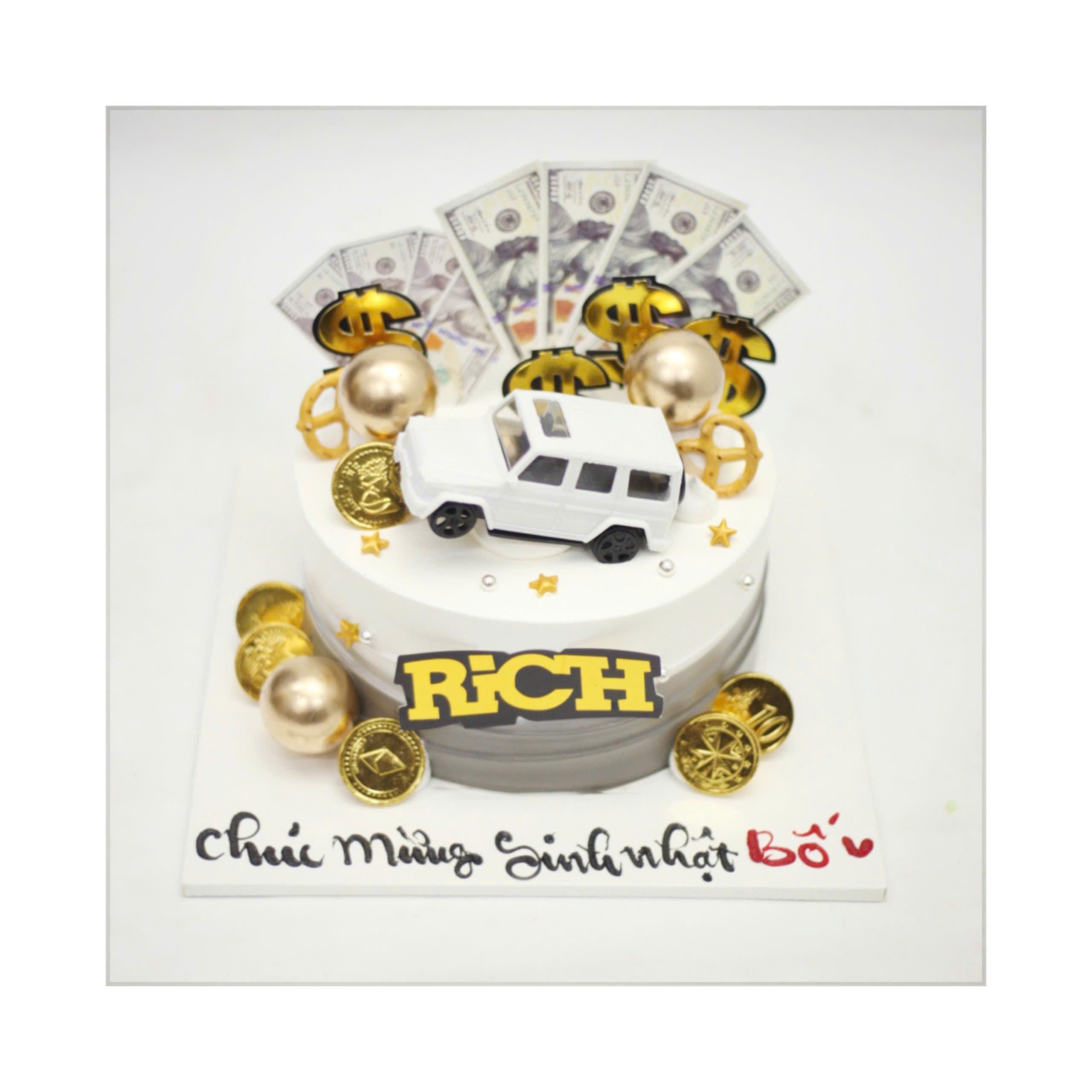 Bánh sinh nhật xe hơi trắng và đô la
