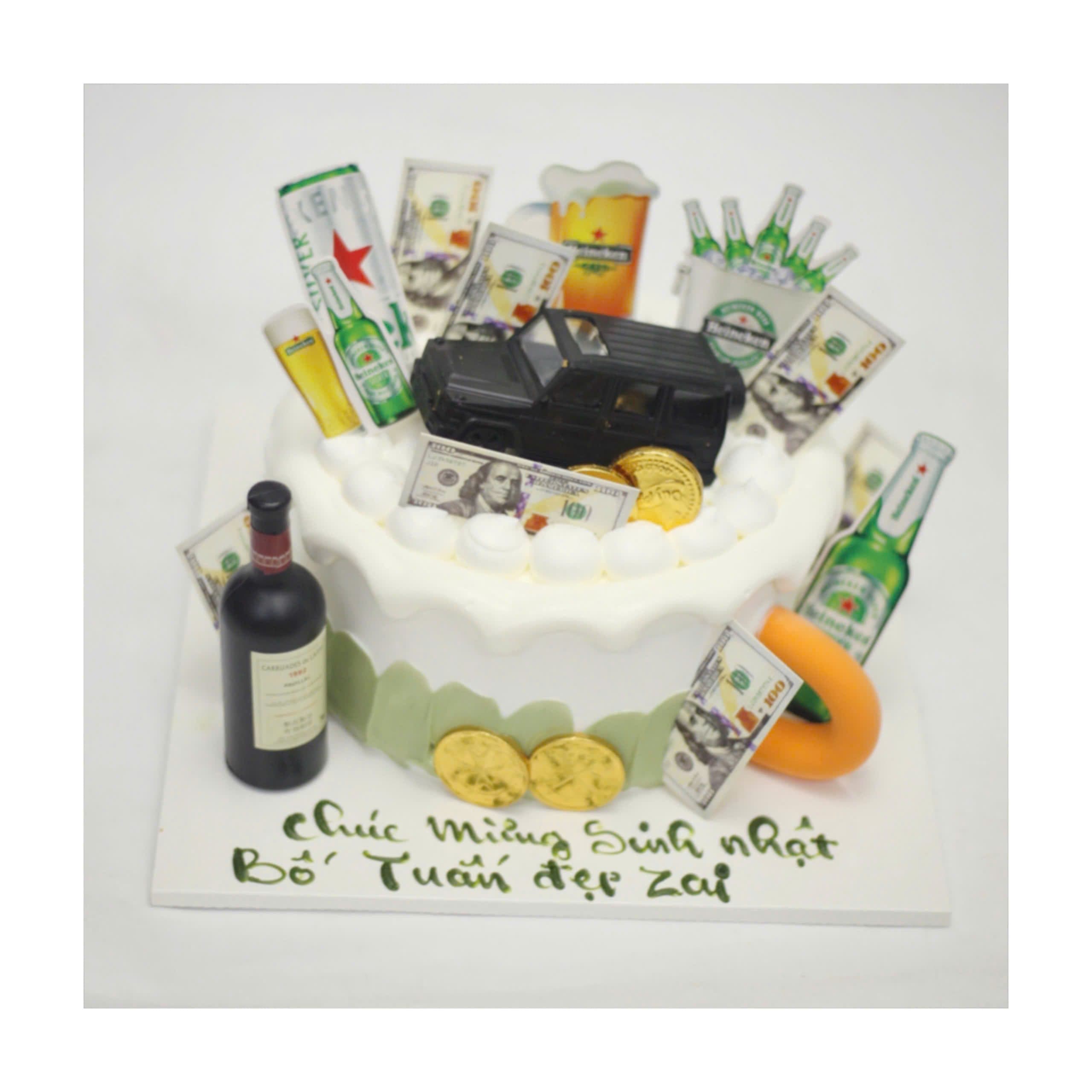 Bánh kem ô tô bia và tiền đô