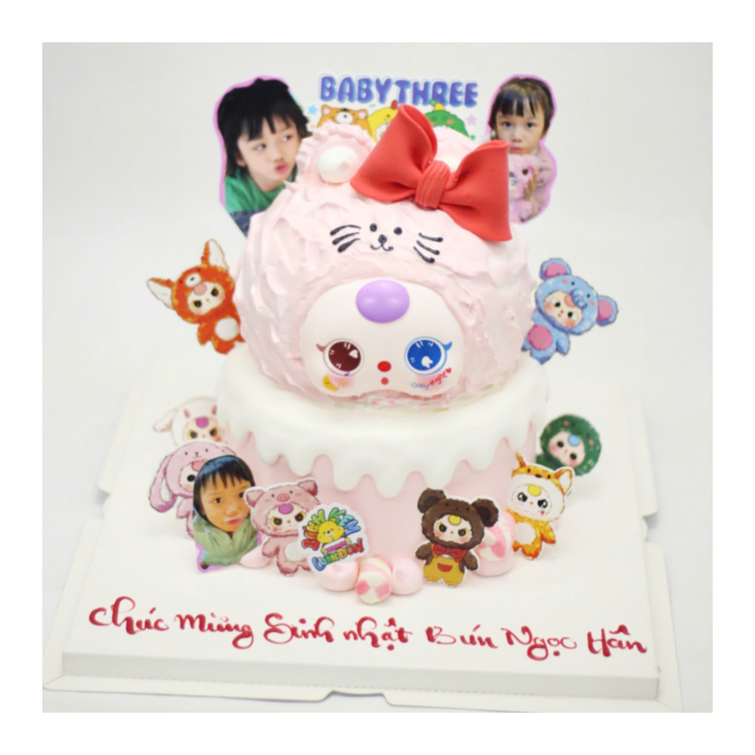 Bánh kem Baby Three hồng phối nơ đỏ