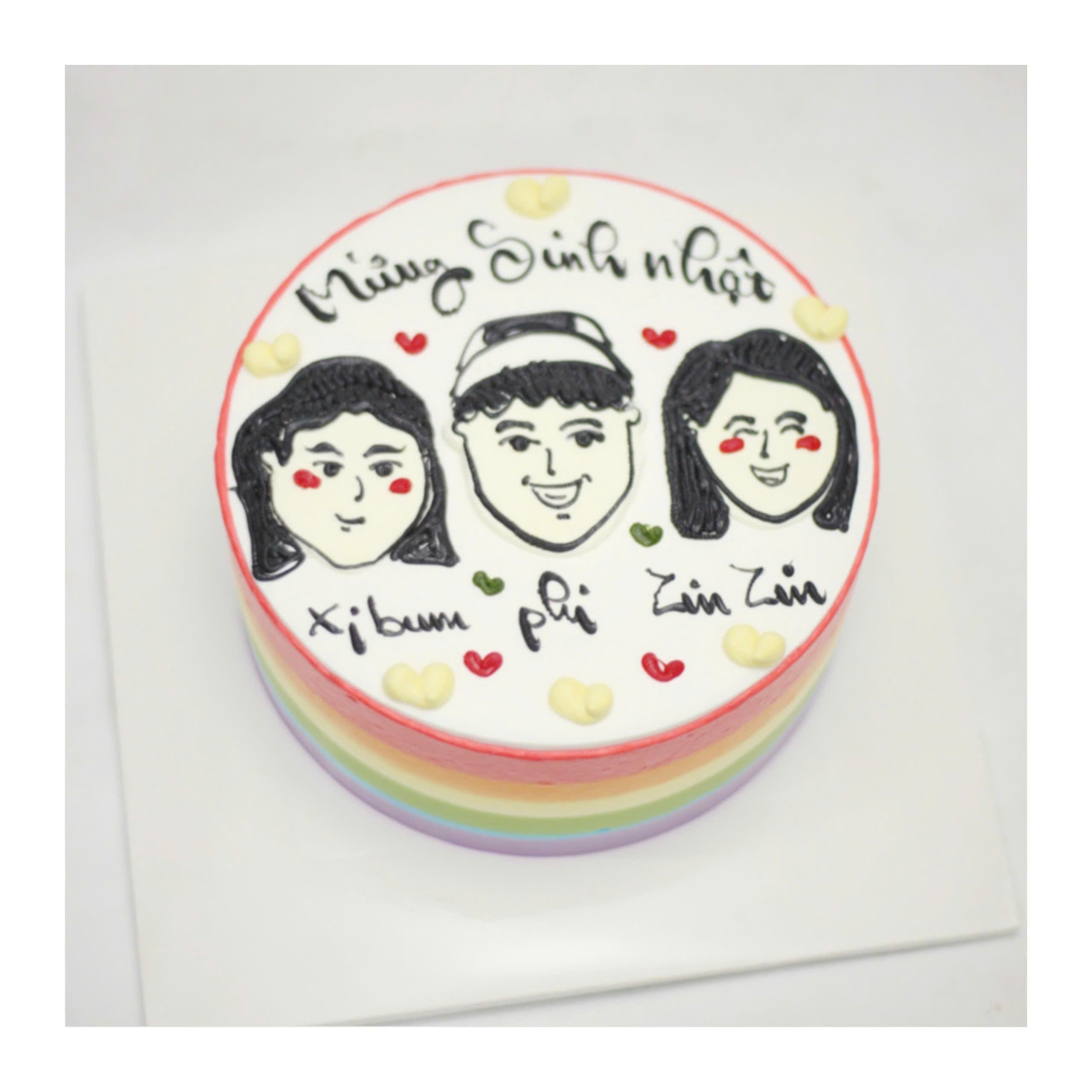 Bánh kem vẽ hình gia đình cầu vồng