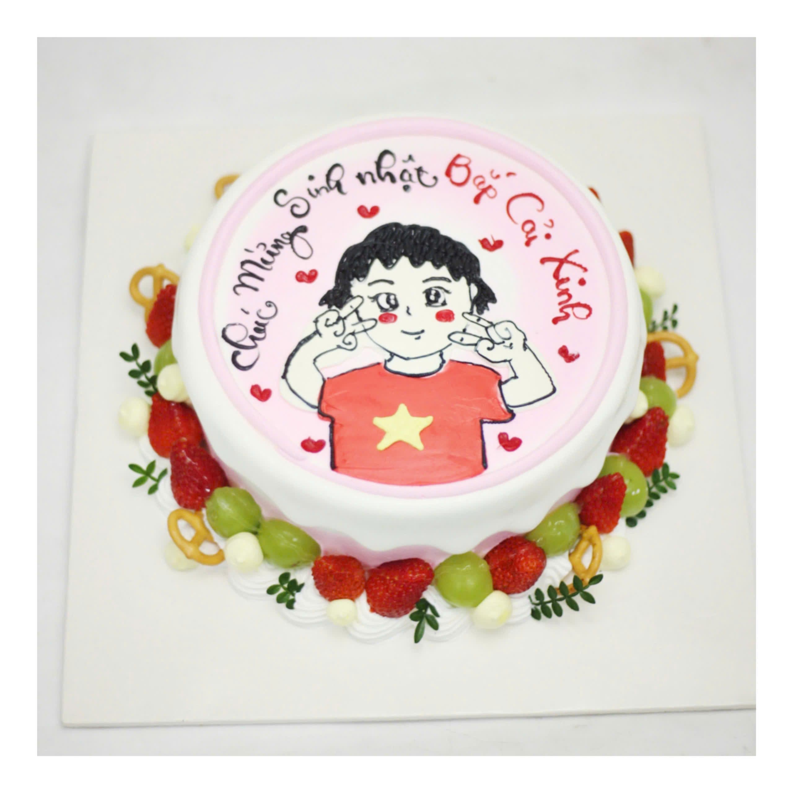 Bánh vẽ hình bé gái tinh nghịch dâu tây