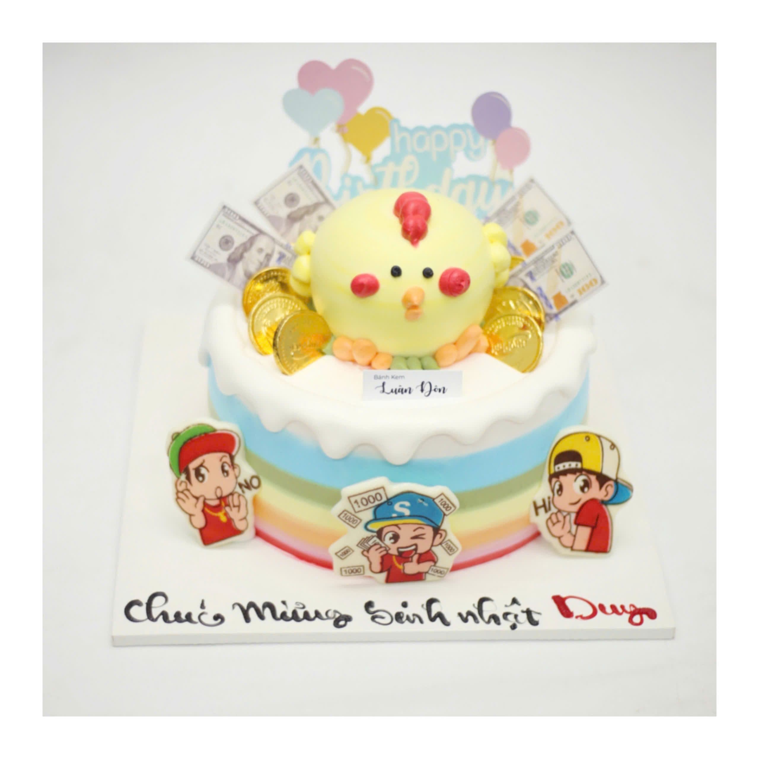 Bánh kem con gà vàng và đồng tiền đô