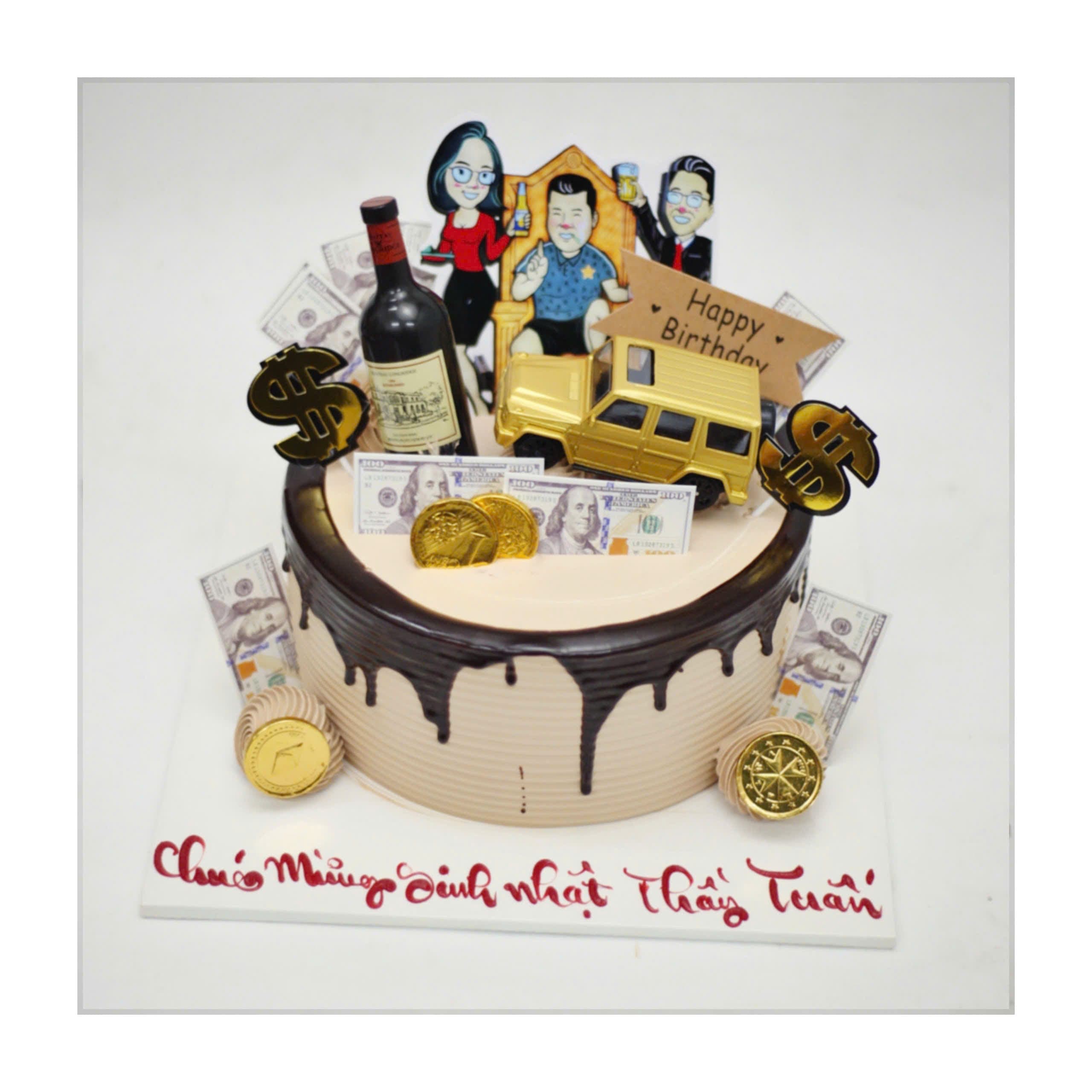 Bánh kem xe hơi vàng và đô la phú quý