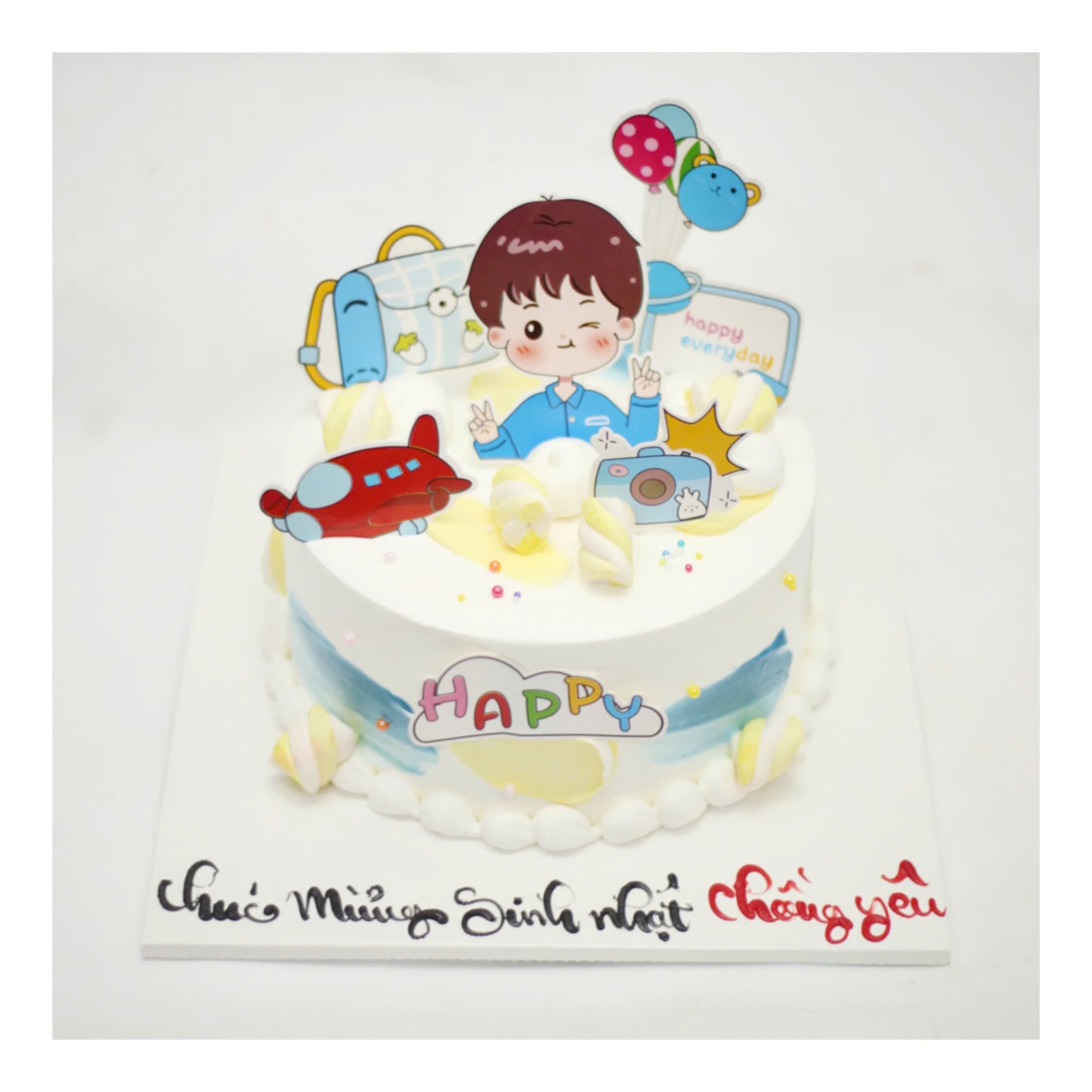 Bánh kem vẽ hình bé trai và máy bay