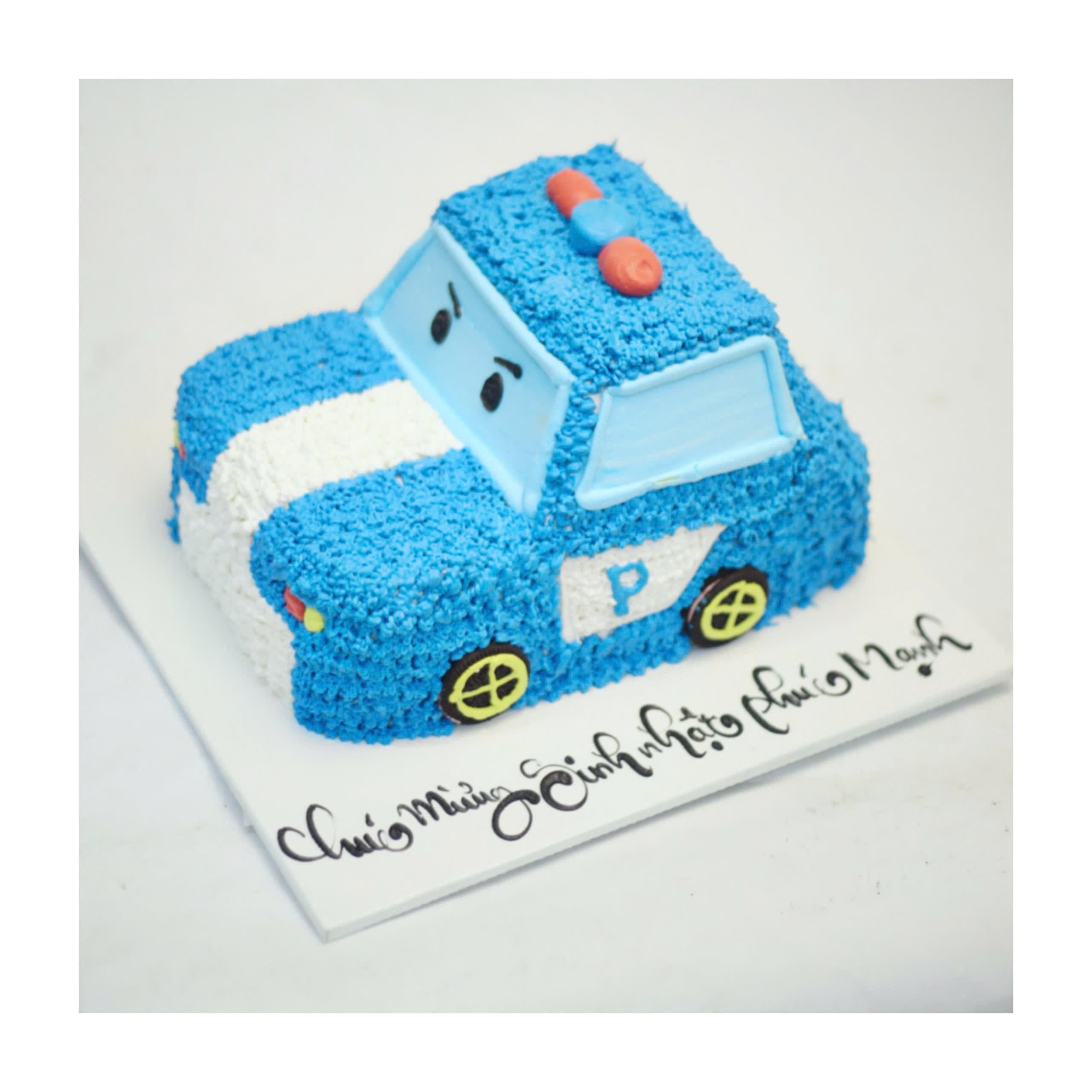 Bánh kem tạo hình xe cảnh sát xanh Poli