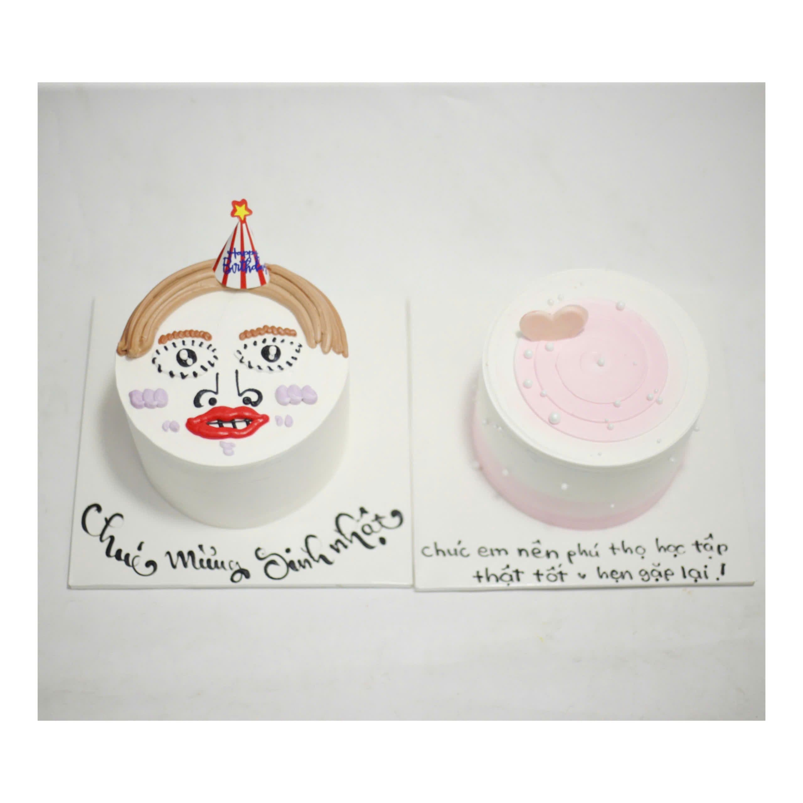 Cặp bánh kem mặt người hài hước và trái tim hồng