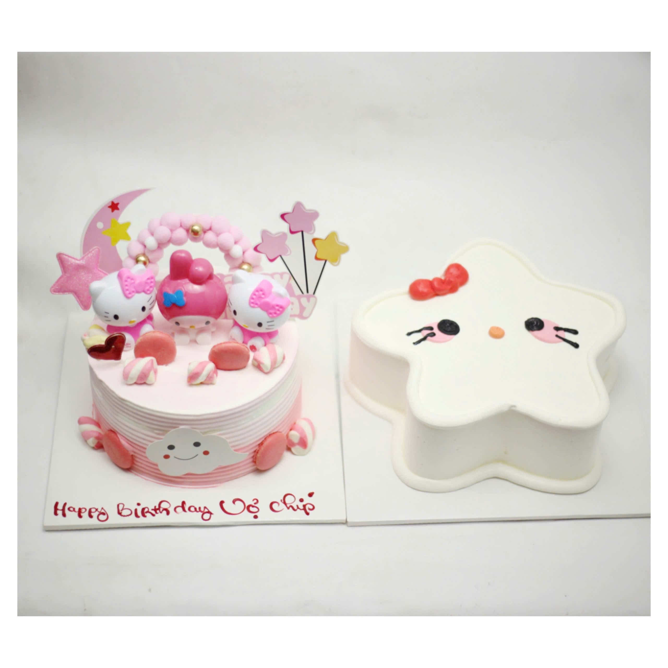 Set bánh kem Hello Kitty và Melody hồng trắng