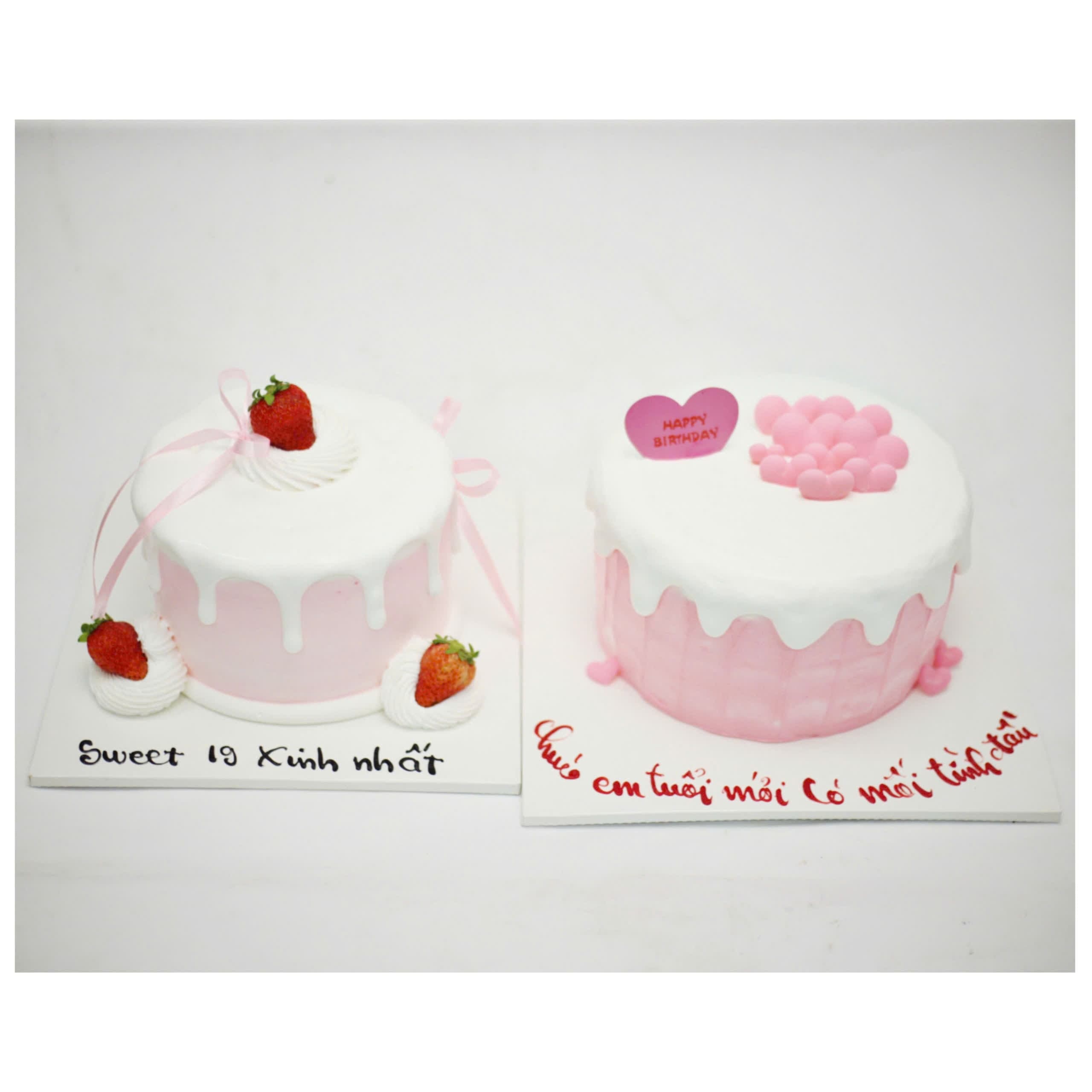 Cặp bánh kem dâu tây chảy kem hồng trắng