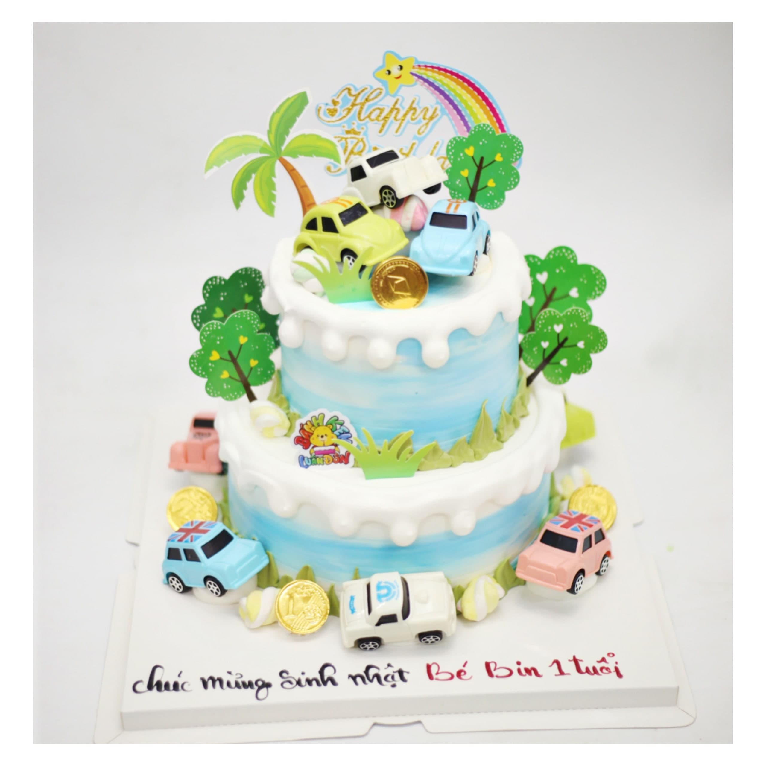 Bánh kem hai tầng chủ đề xe hơi màu sắc