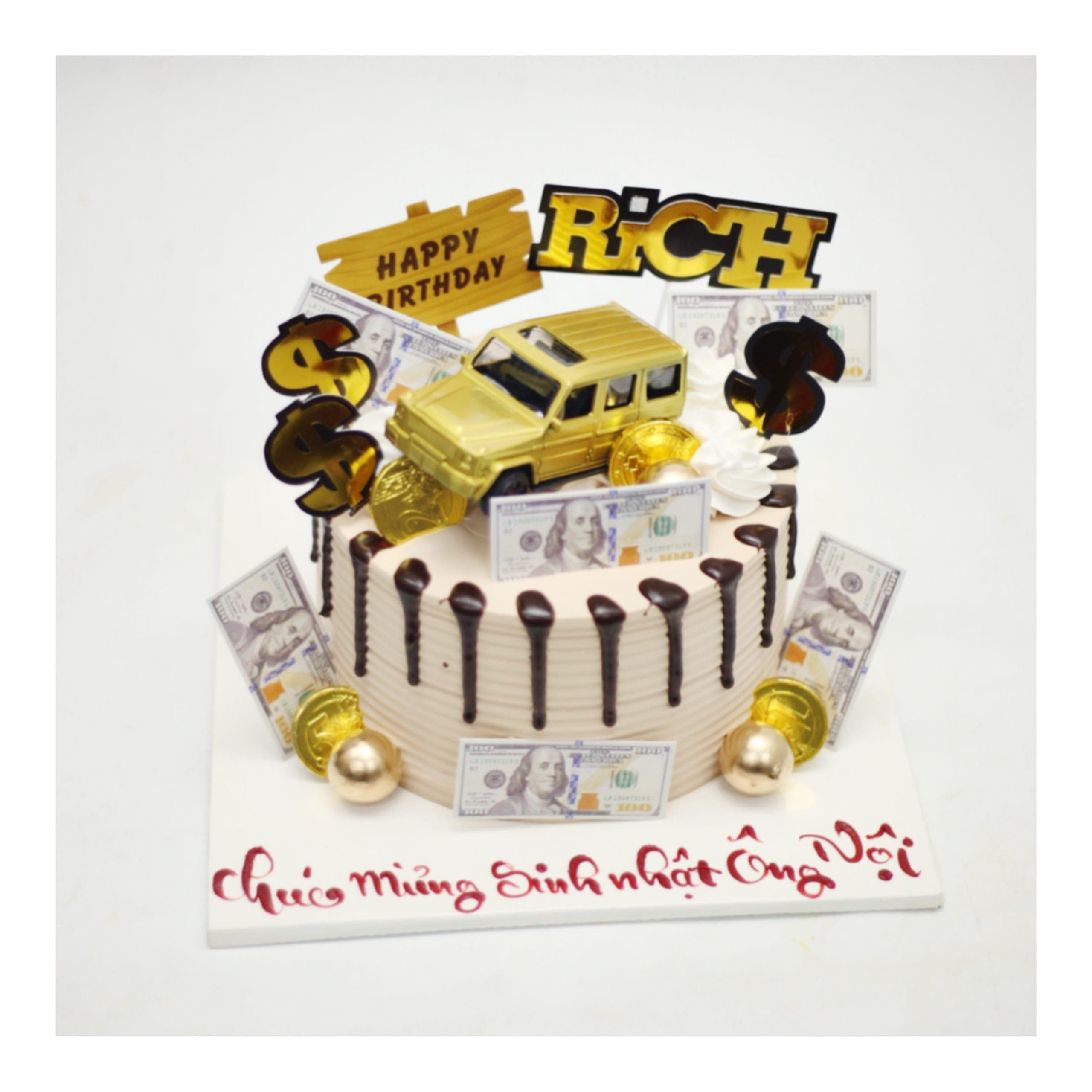 Bánh kem decor xe hơi vàng và tiền Dollar