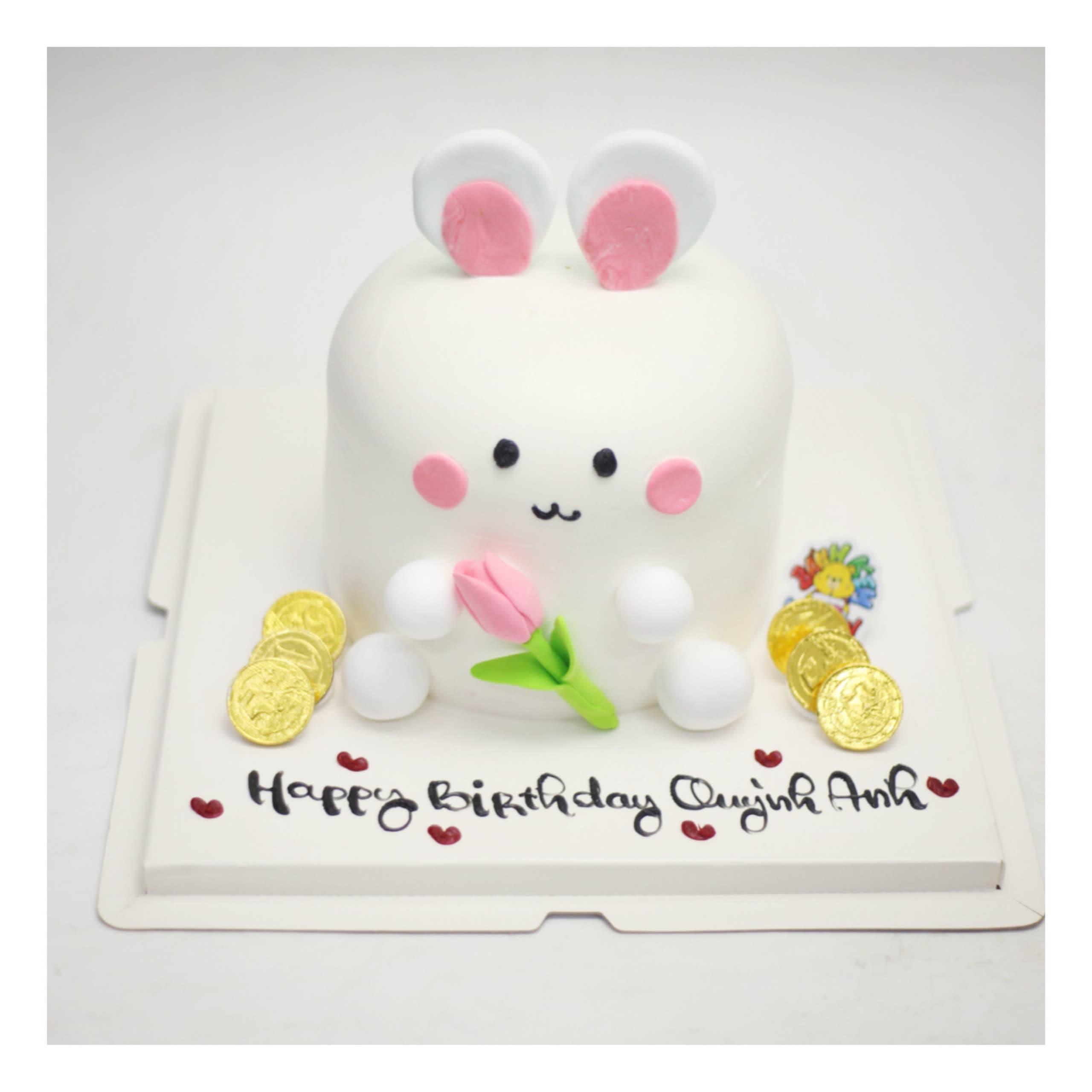 Bánh kem thỏ trắng cầm hoa xinh xắn