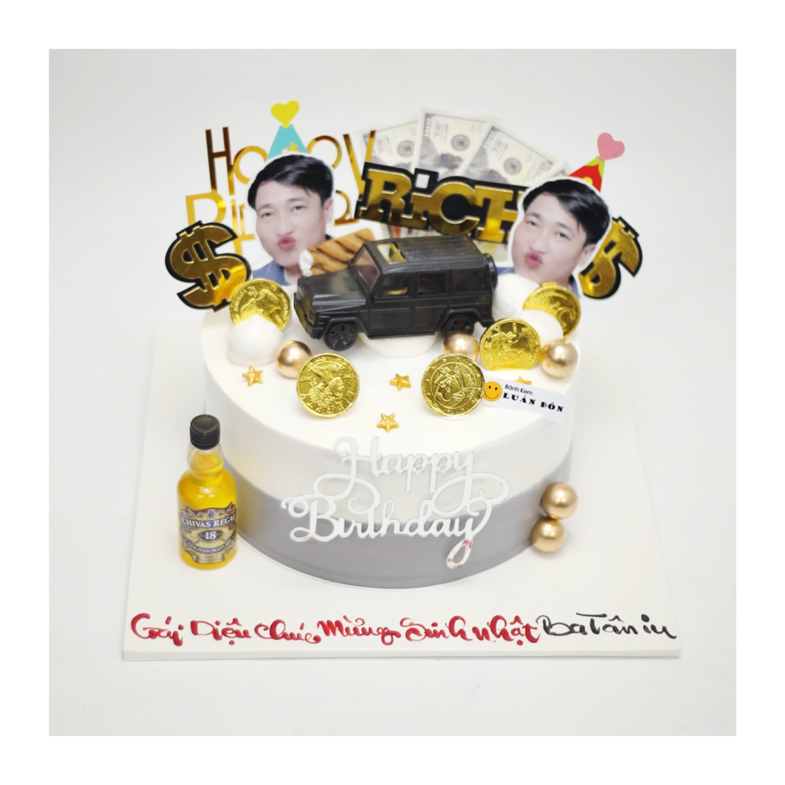 Bánh kem chủ đề doanh nhân xe hơi tiền vàng