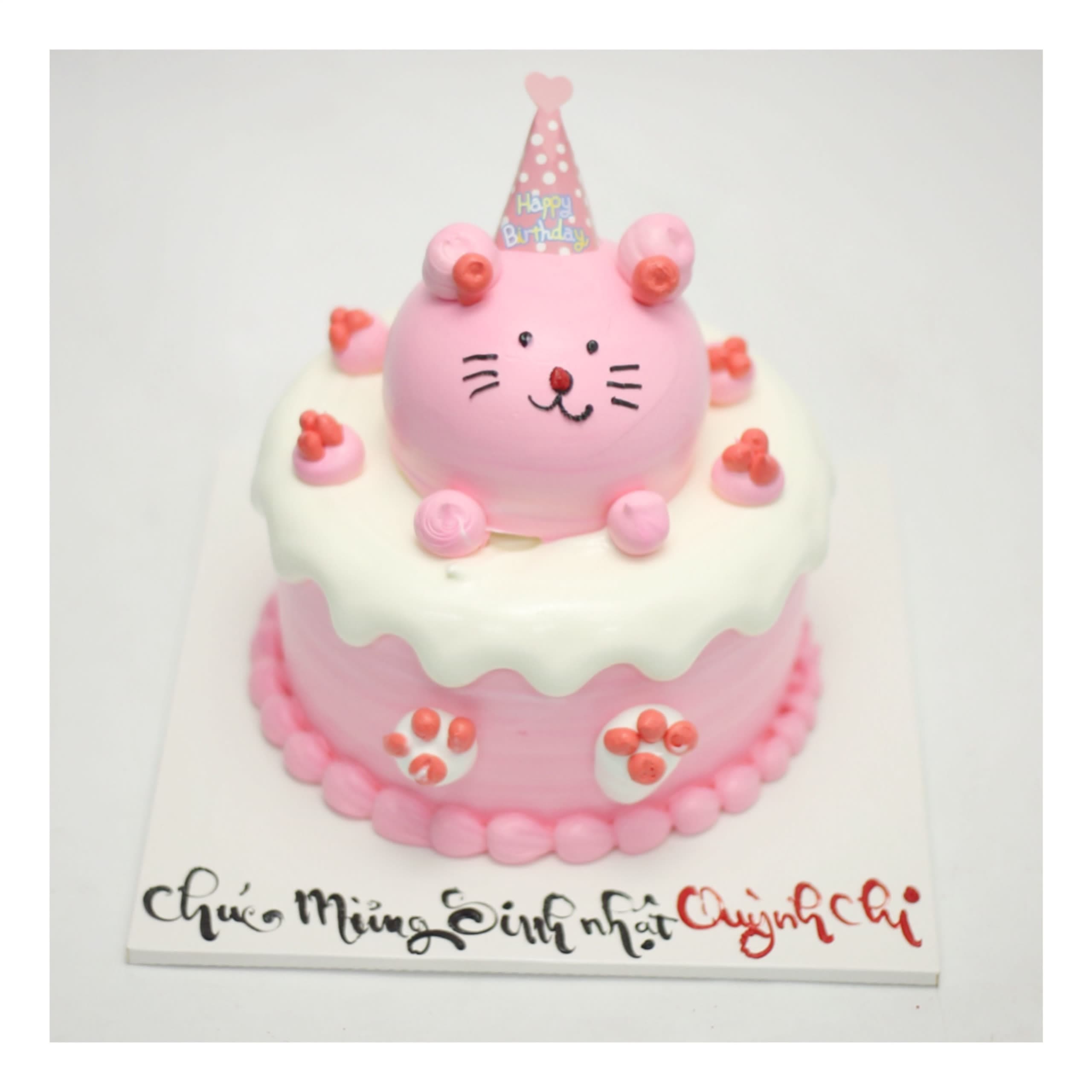 Bánh kem hồng chủ đề mèo con dễ thương