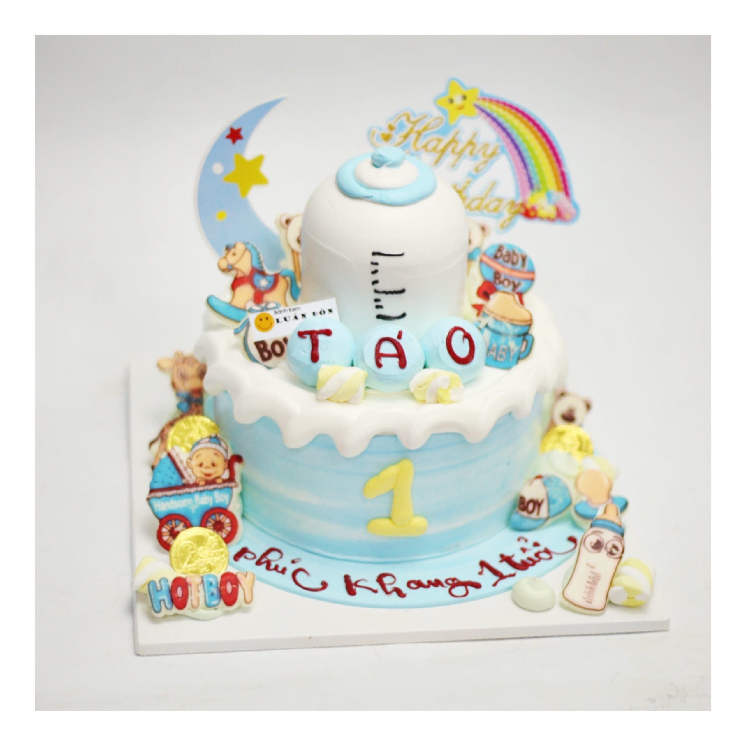 Bánh kem đầy tháng bé trai bình sữa