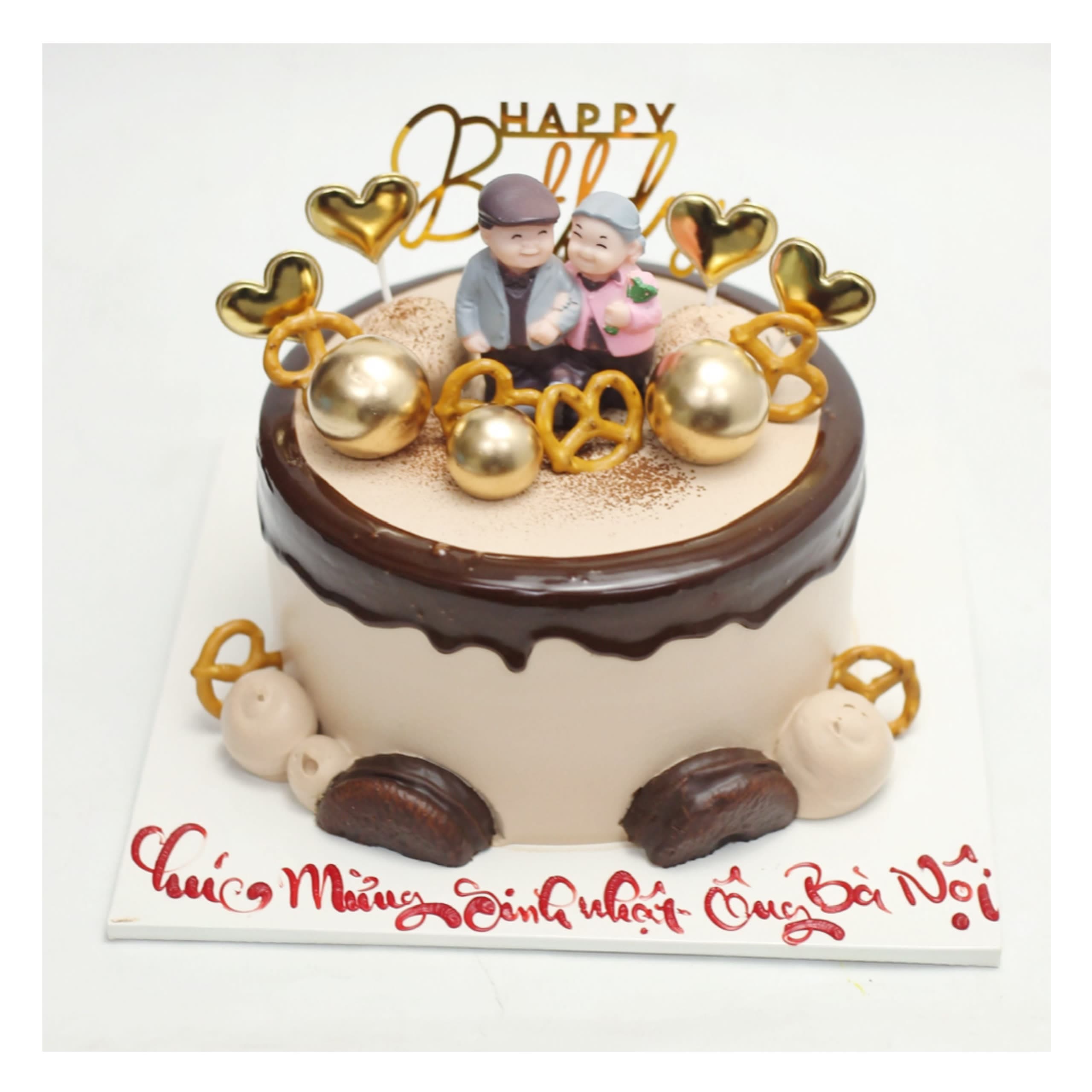 Bánh kem ông bà mừng thọ nâu sang trọng