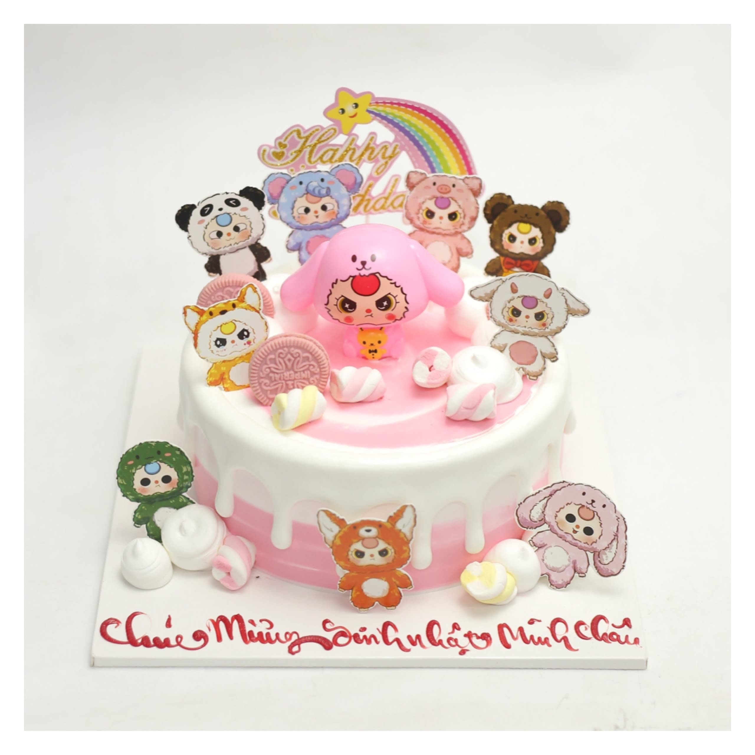 Bánh kem màu hồng Baby Three chủ đề động vật