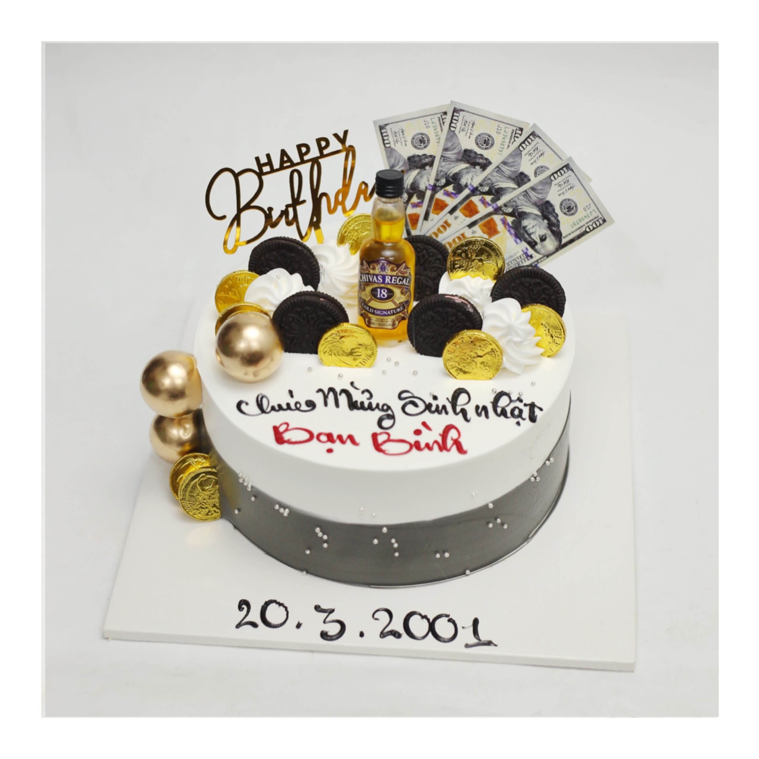 Bánh kem tông đen trắng sang trọng chủ đề tiền đô