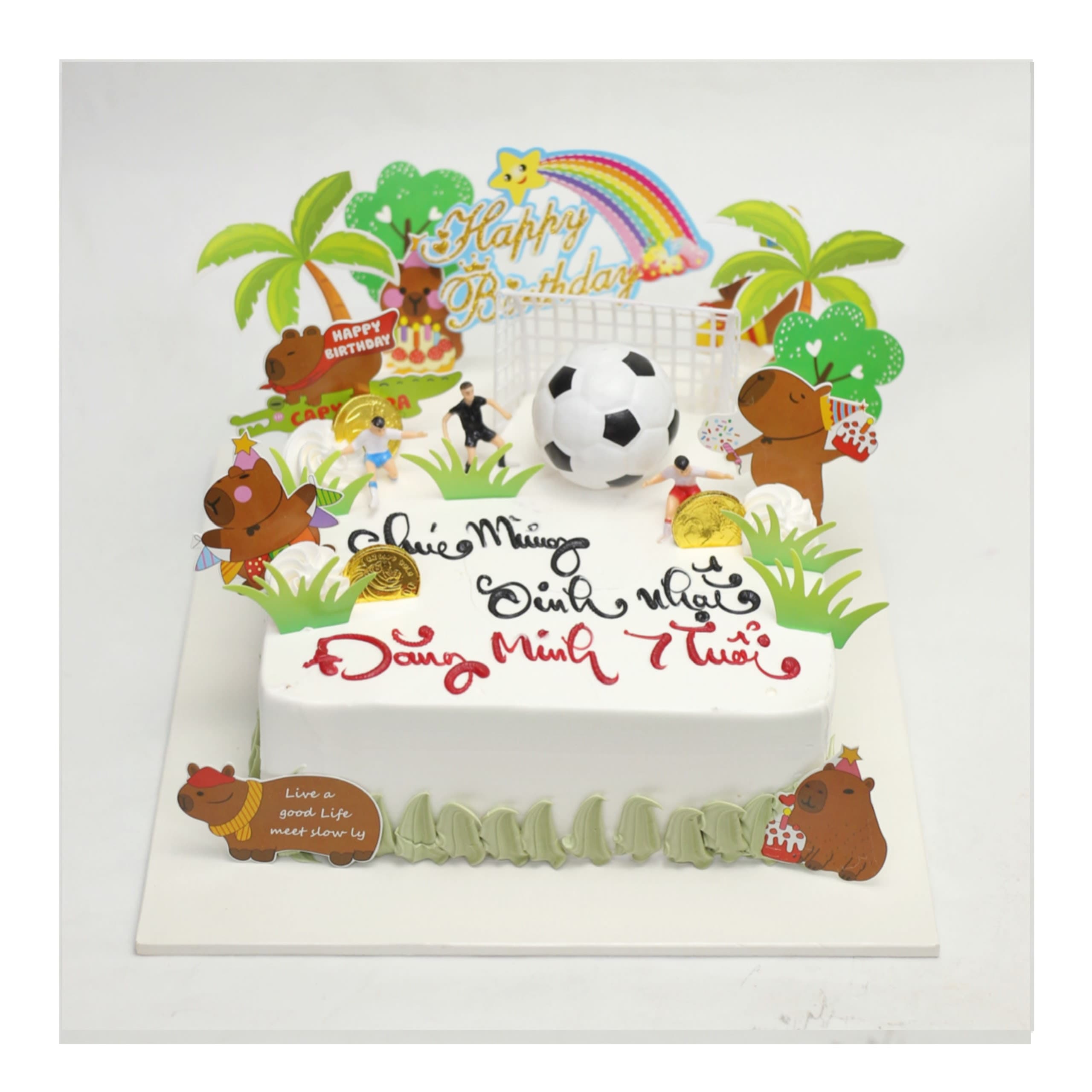 Bánh kem chủ đề Capybara và bóng đá cho bé