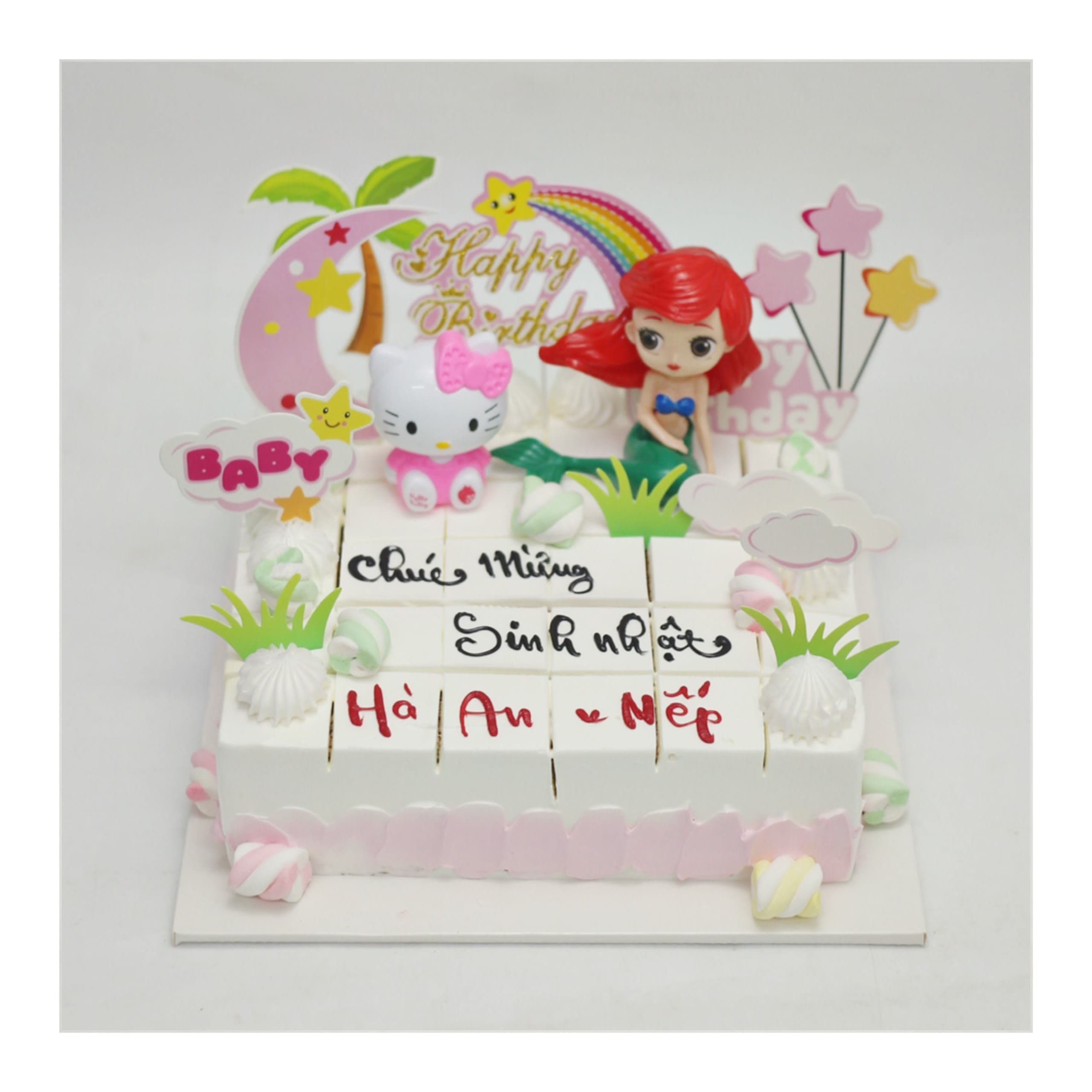 Bánh kem vuông Hello Kitty và Nàng Tiên Cá