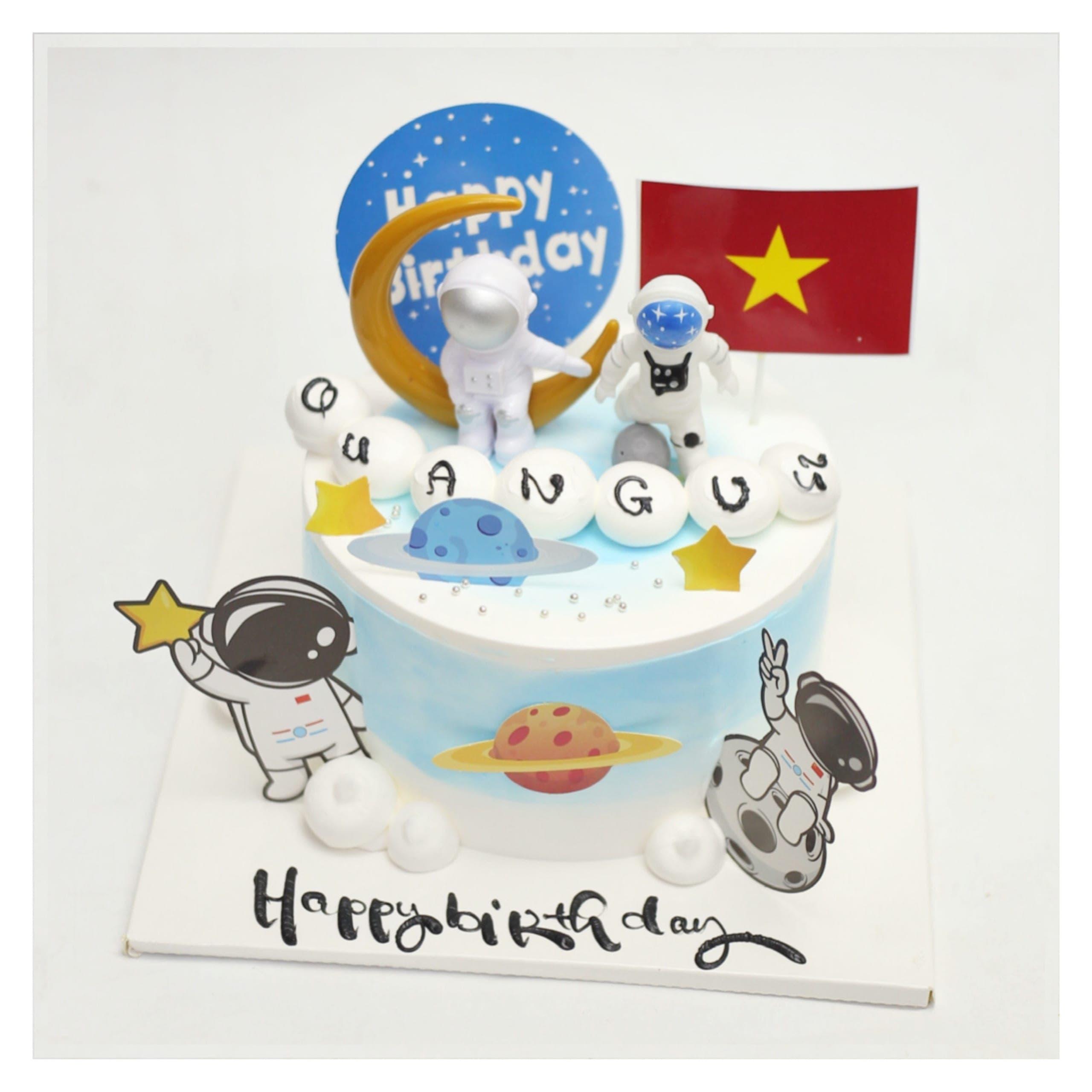 Bánh kem chủ đề phi hành gia vũ trụ xanh