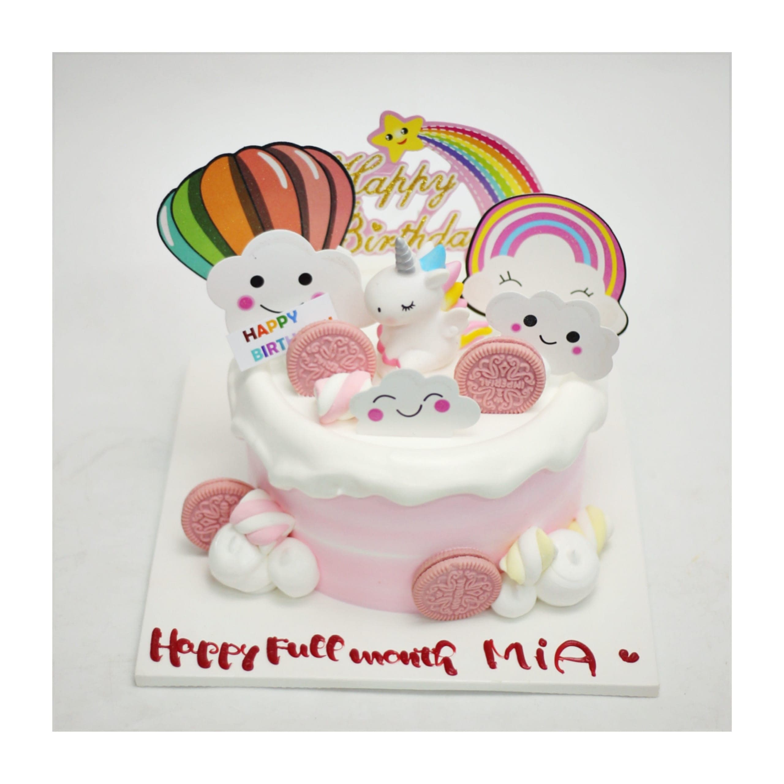 Bánh kem đầy tháng bé gái chủ đề kỳ lân