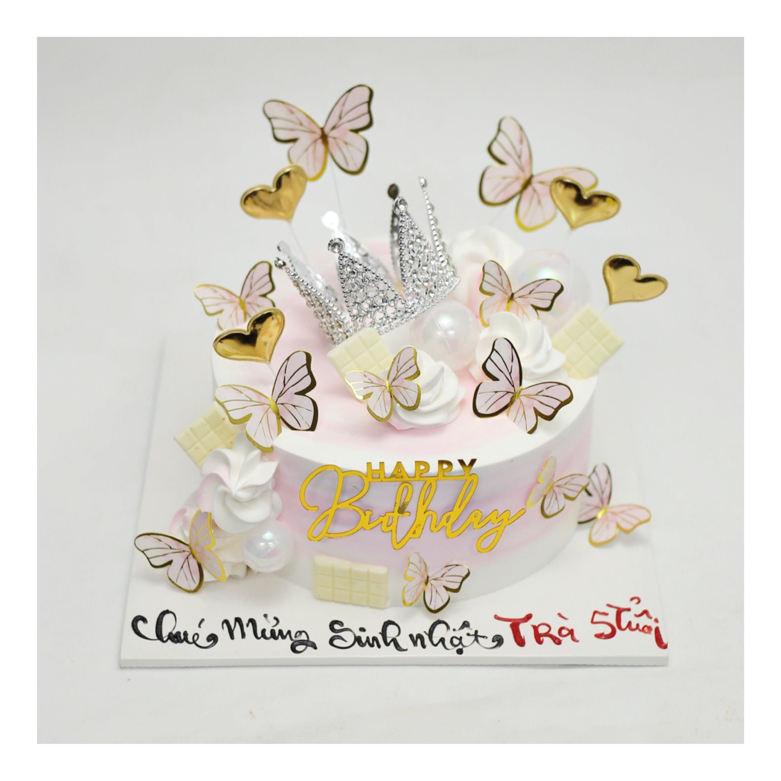 Bánh kem vương miện bướm hồng cho bé gái