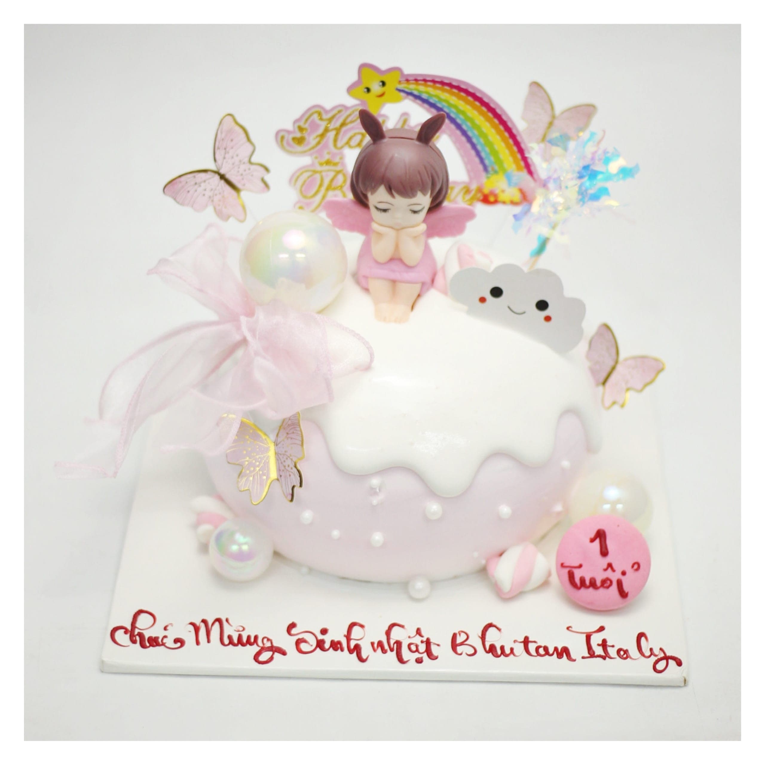 Bánh kem bé gái thiên thần màu hồng nhẹ