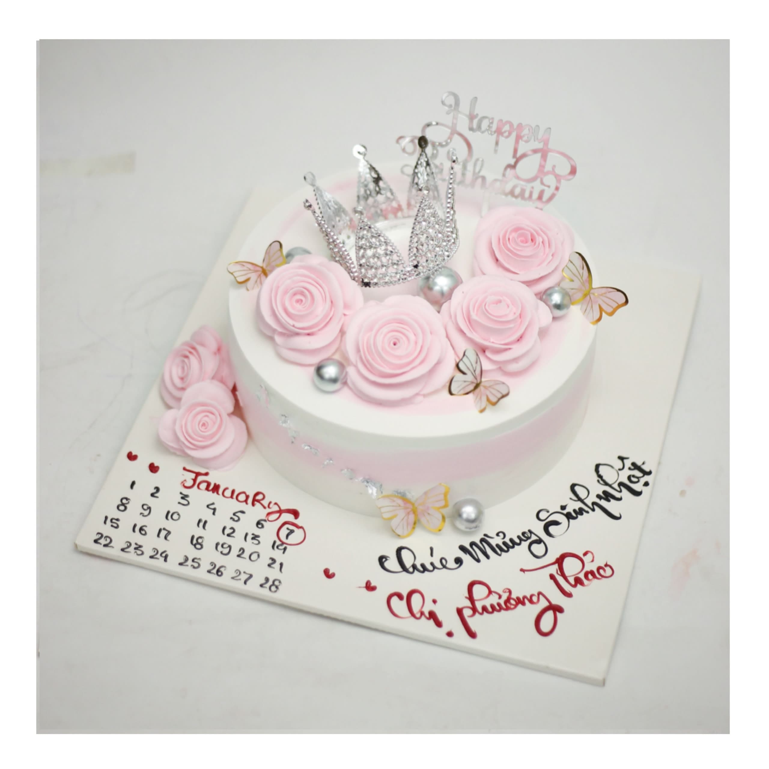 Bánh kem vương miện hồng họa tiết lịch tháng