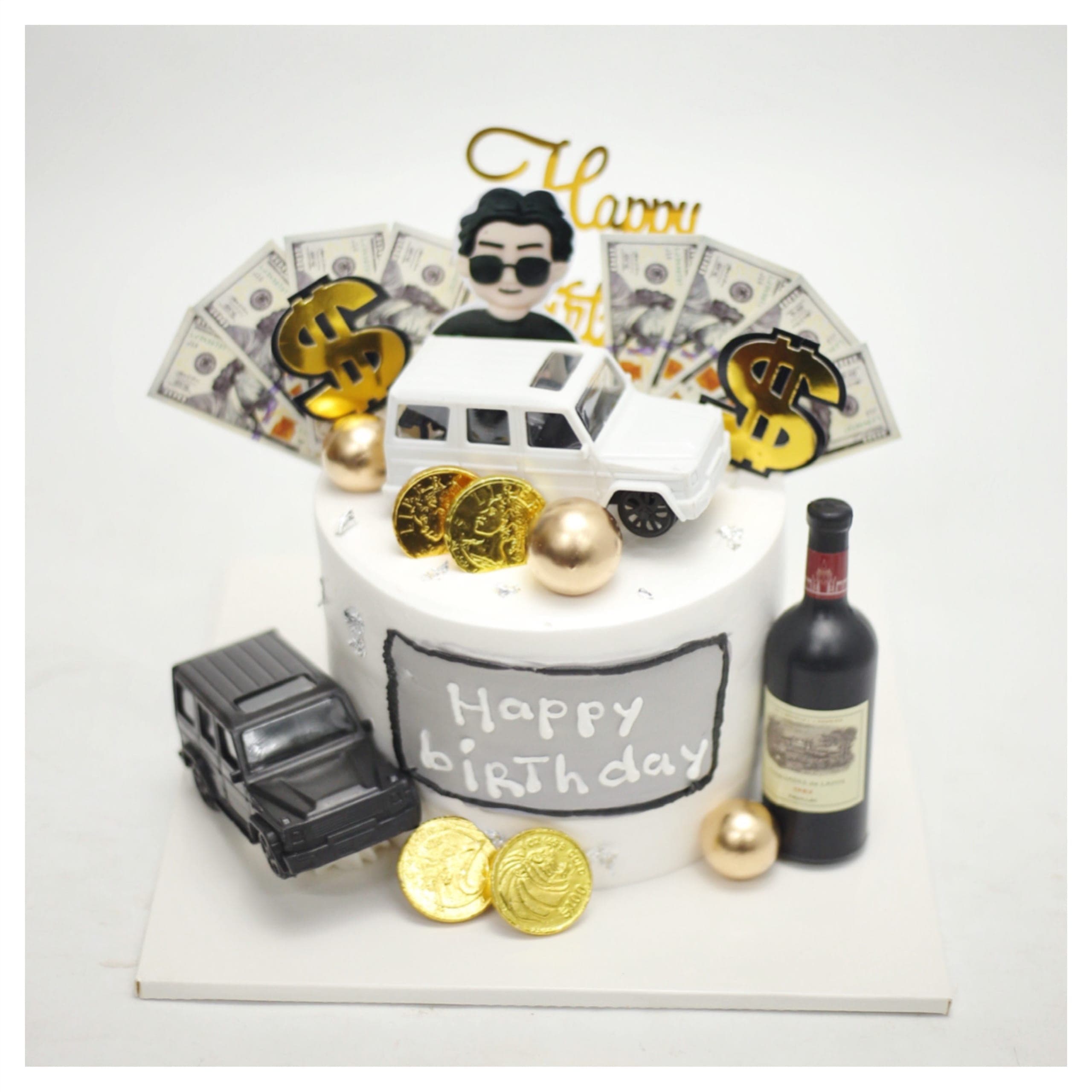 Bánh kem sang trọng trang trí xe hơi và rượu