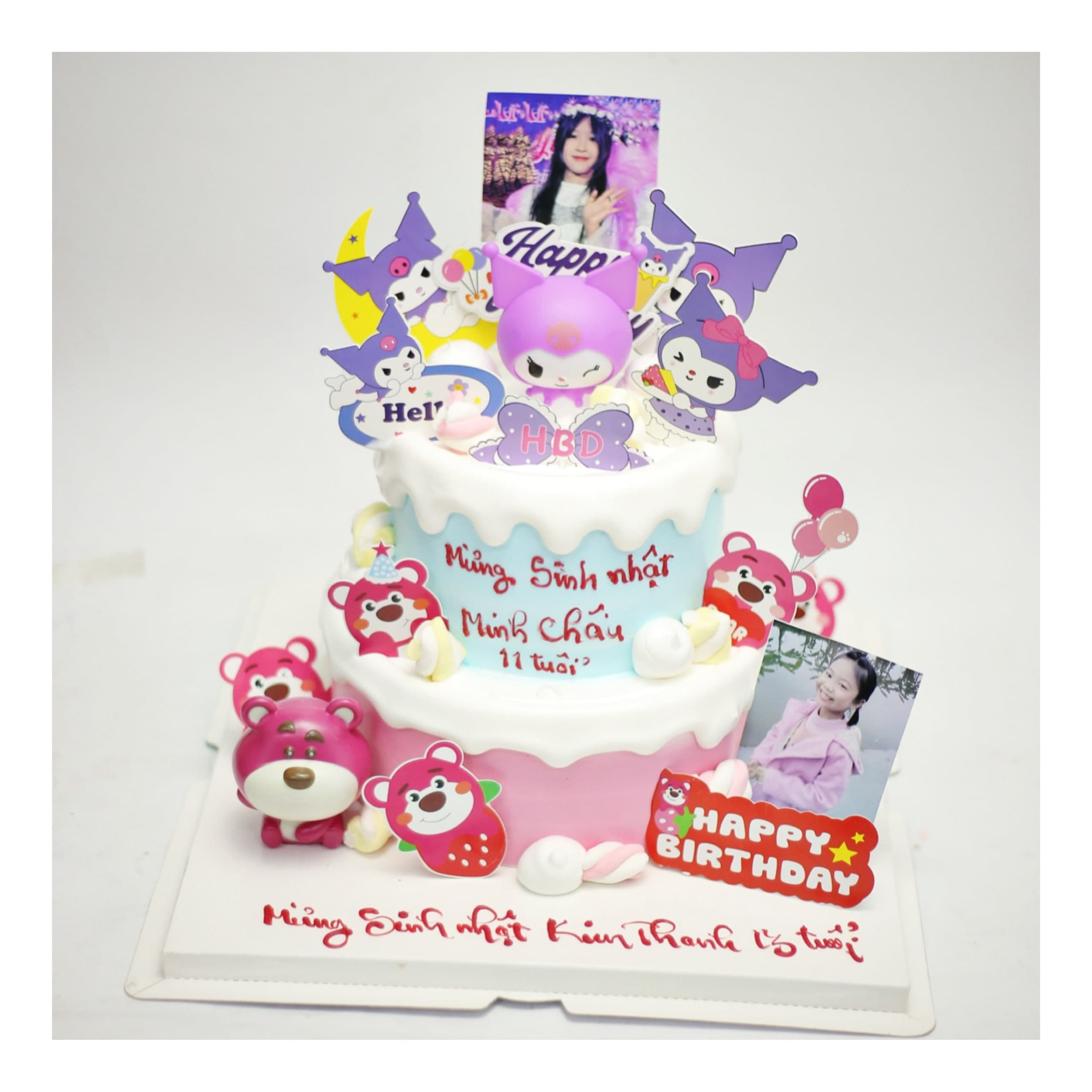 Bánh kem hai tầng chủ đề Kuromi và gấu dâu