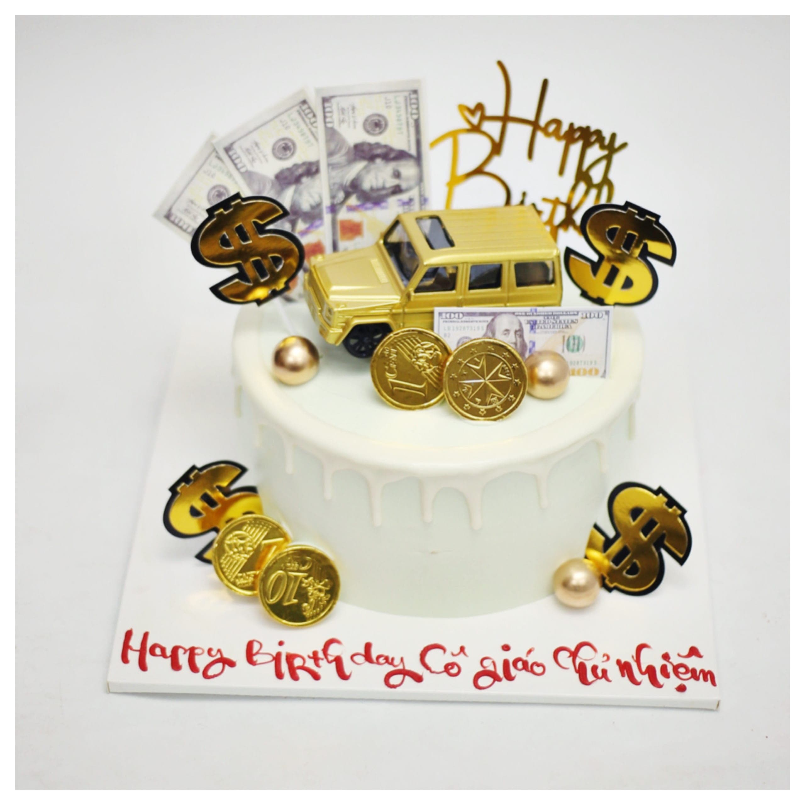 Bánh kem sang trọng trang trí xe hơi vàng kim