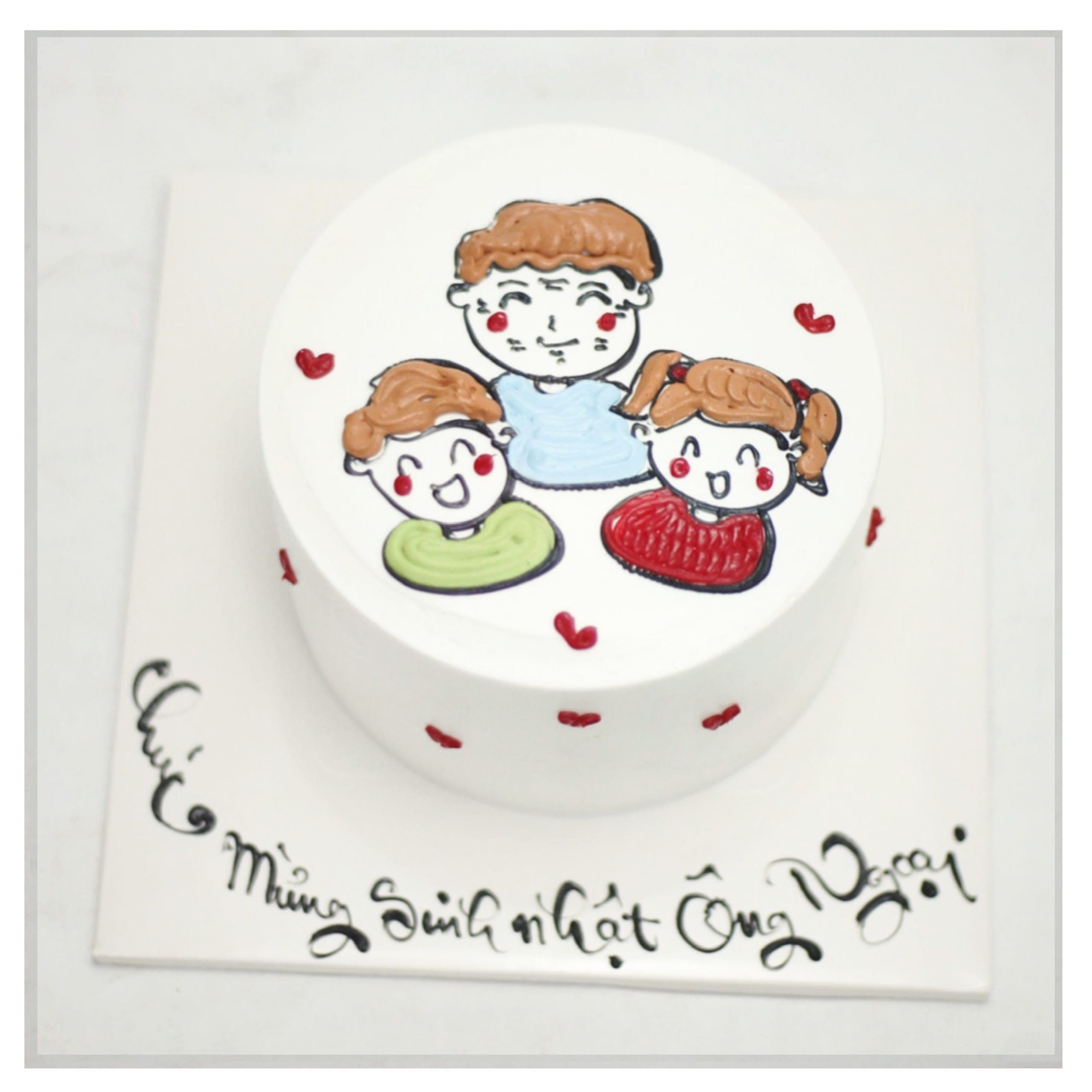 Bánh kem vẽ hình gia đình ba người hạnh phúc