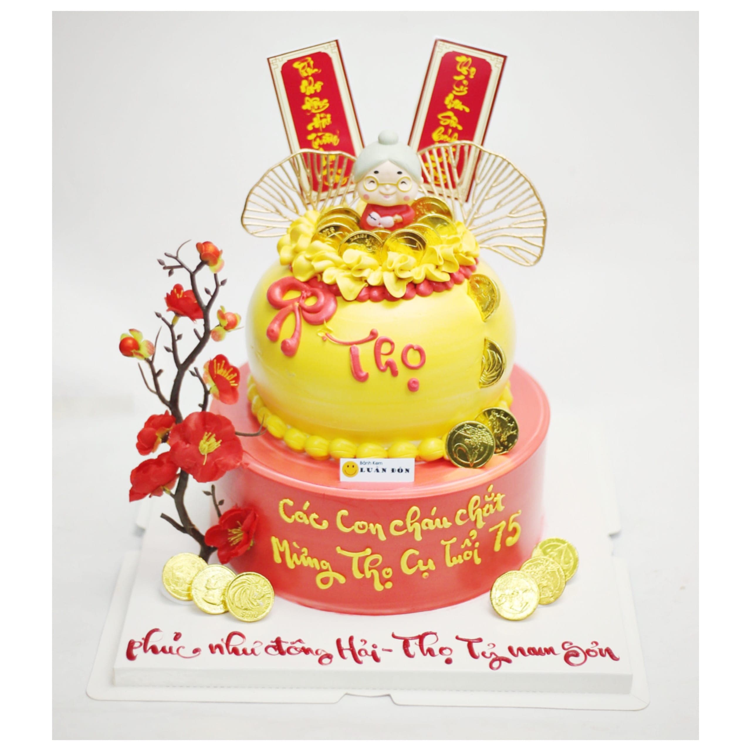Bánh mừng thọ cụ bà 75 tuổi đỏ vàng